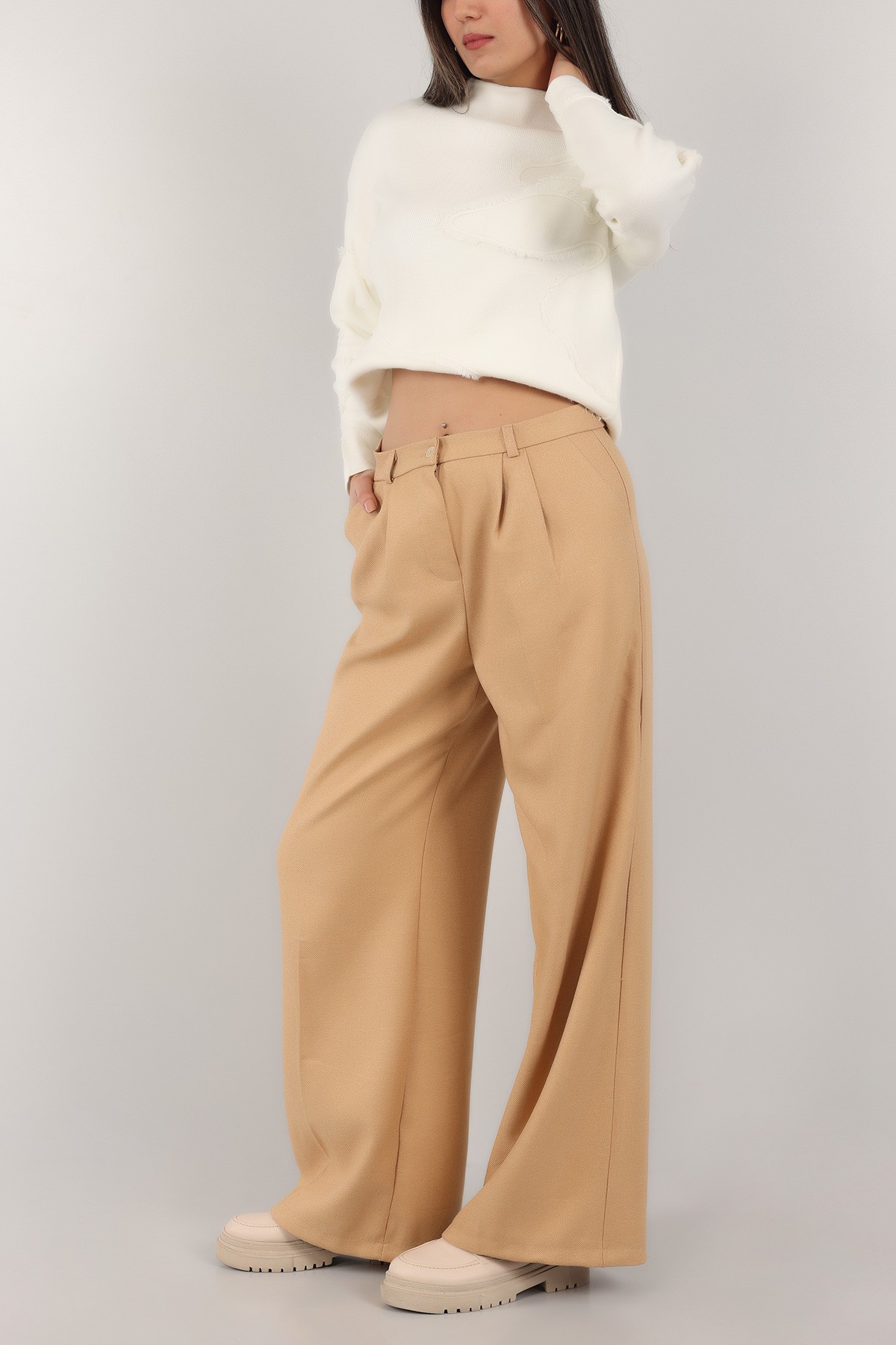 Bej Palazzo Yün Efek Bayan Pantolon -T 149122