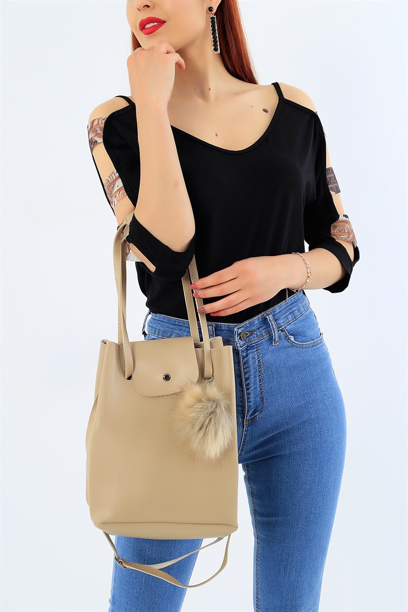Bej Peluş Detay Bayan Omuz Çantası 31644