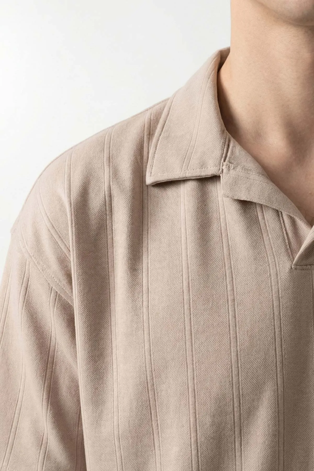 Bej Pike Kumaş Oversize Polo Yaka Erkek Tişört 448946
