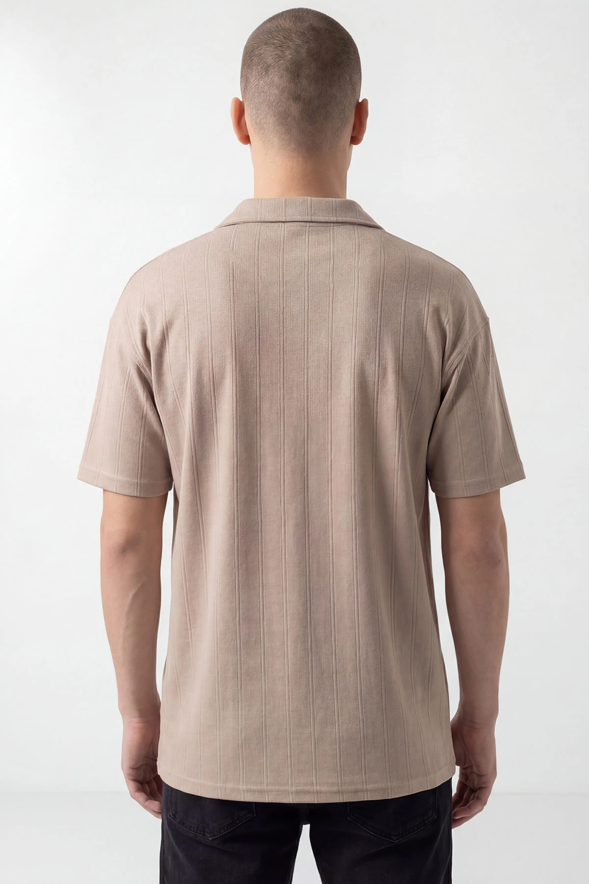Bej Pike Kumaş Oversize Polo Yaka Erkek Tişört 448946