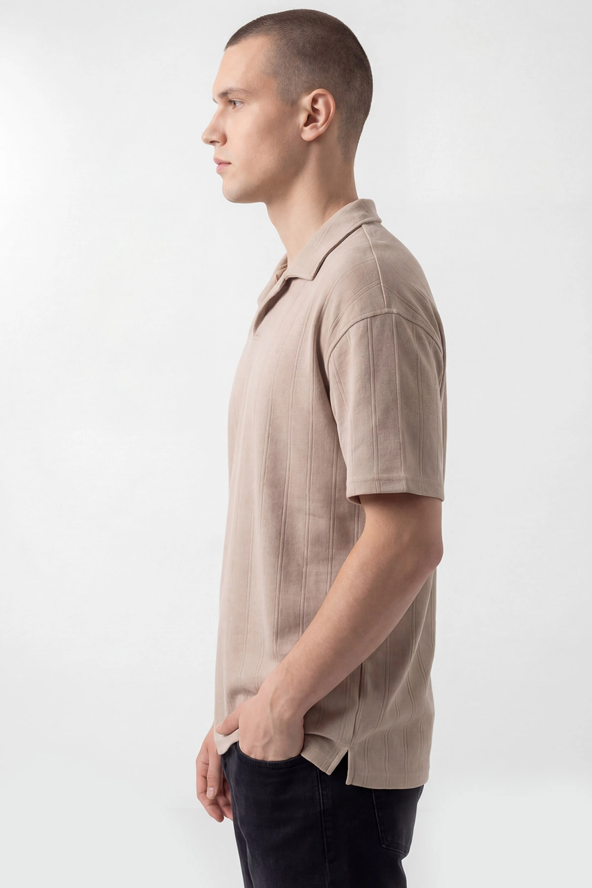 Bej Pike Kumaş Oversize Polo Yaka Erkek Tişört 448946