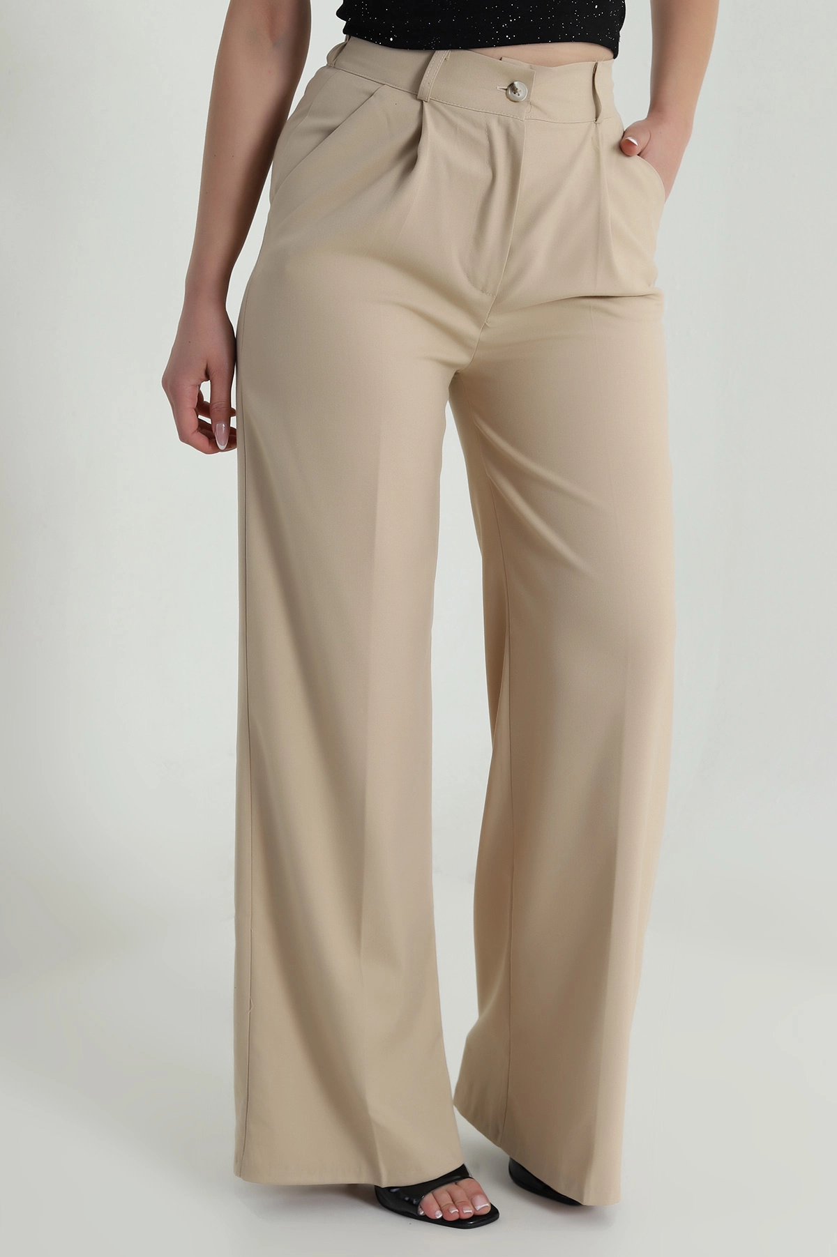 Bej Pileli Cepli Double Kadın Pantolon 486953