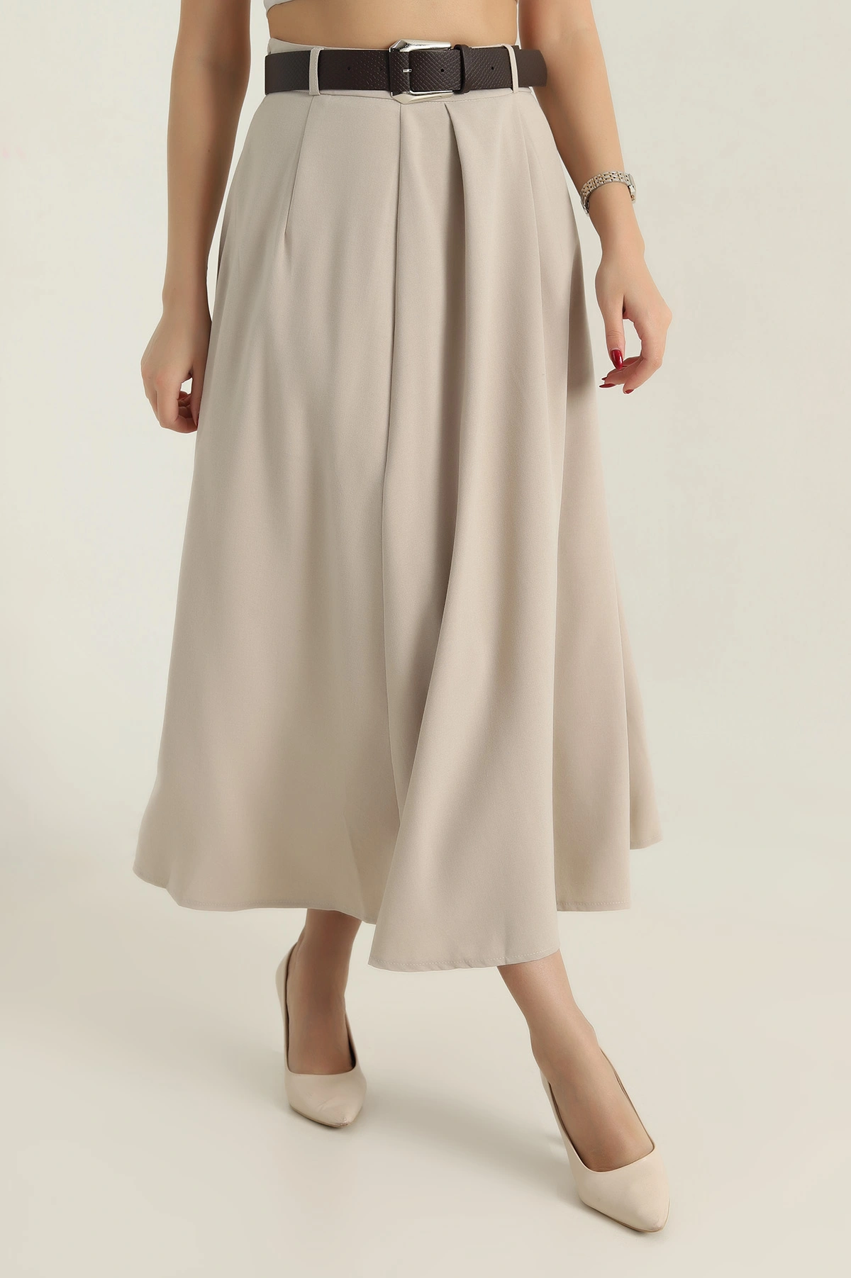 Bej Pileli Kemerli Poliviskon Kadın Etek 418035
