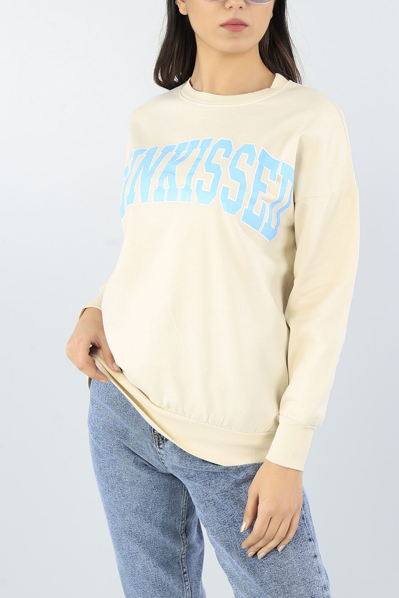 Bej Plastik Baskılı Bayan Sweat 54245