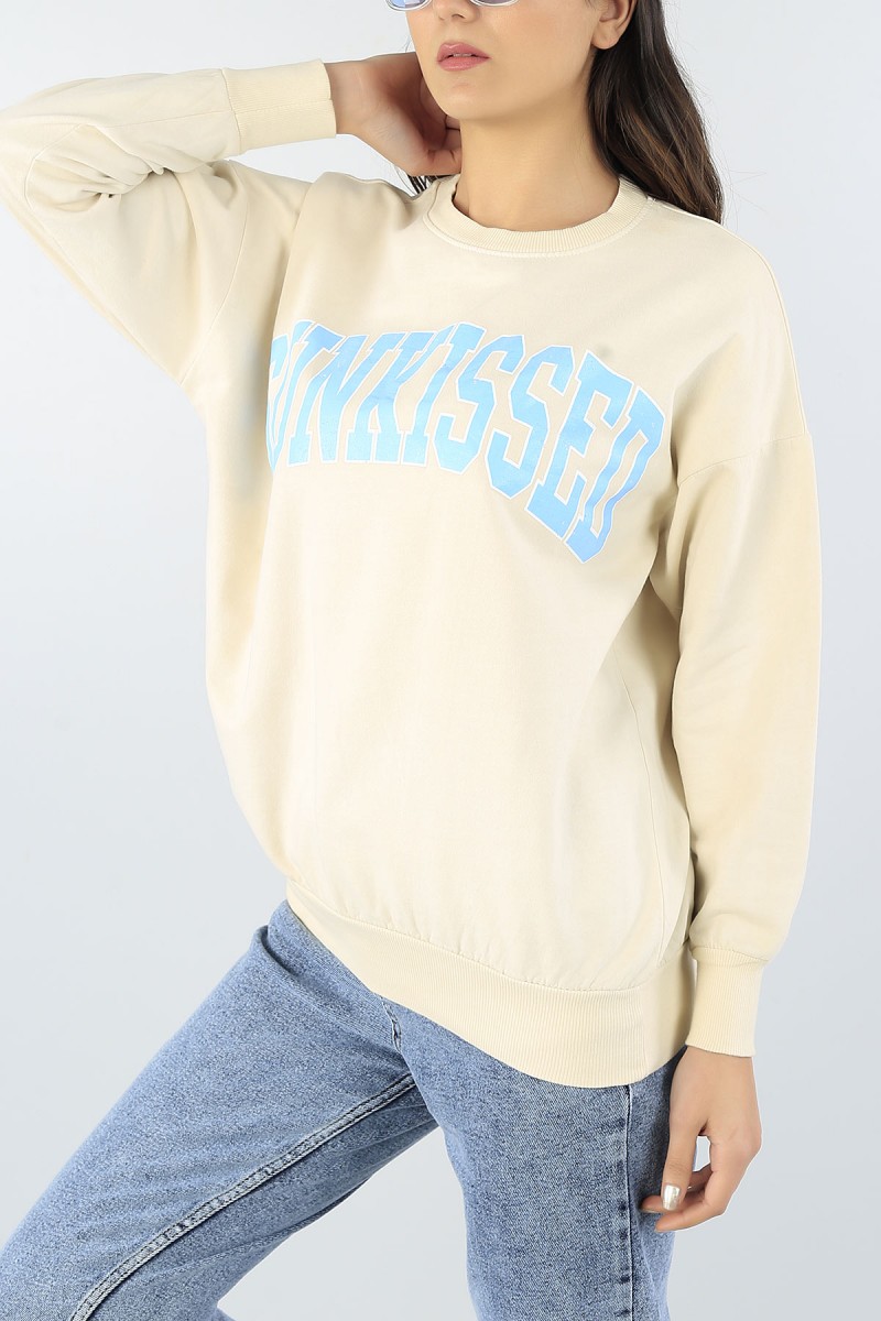Bej Plastik Baskılı Bayan Sweat 54245
