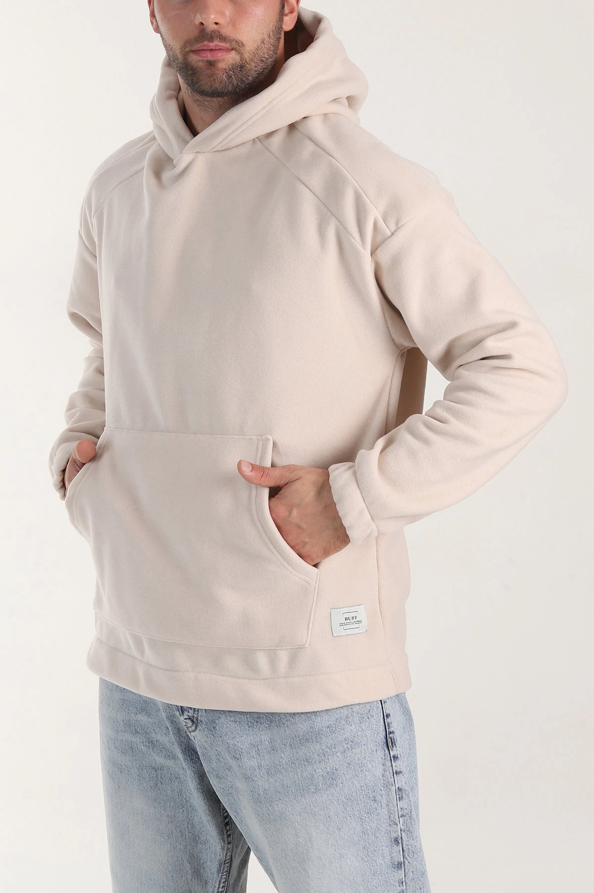 Bej Polar Kumaş Kapüşonlu Erkek Sweatshirt 408517