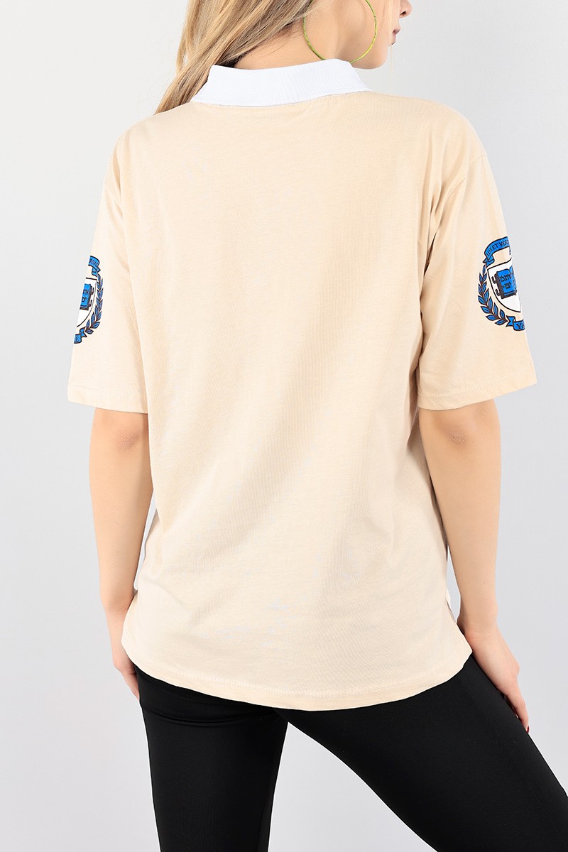 Bej Polo Yaka Bayan Tişört 93913