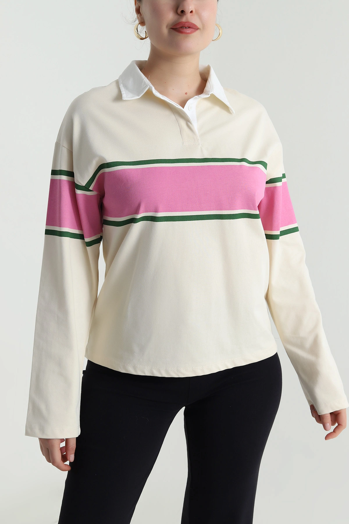 Bej Polo Yaka Çizgili Kadın Fermuarsız Sweat 493742