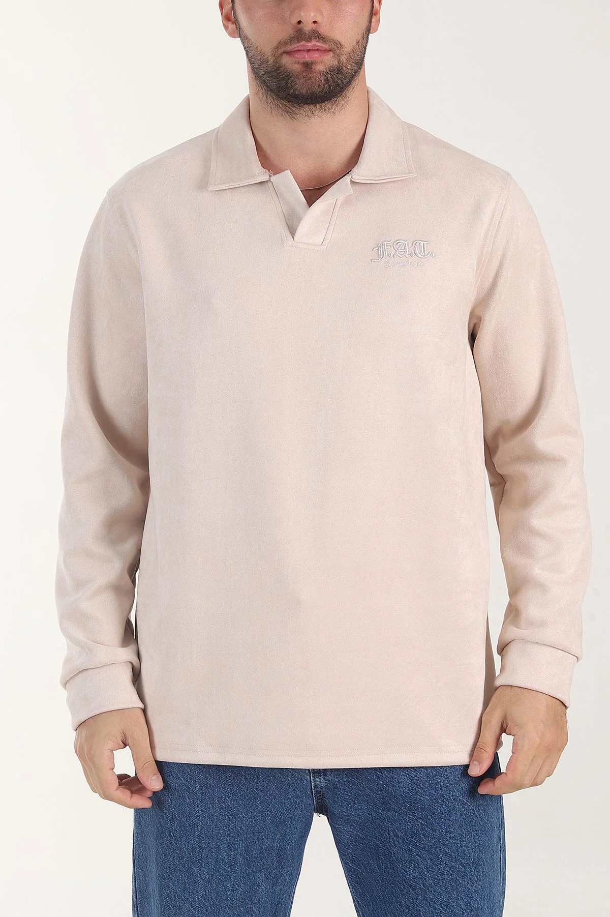 Bej Polo Yaka Düğmeli Nakış Detaylı Erkek Sweatshirt 404862