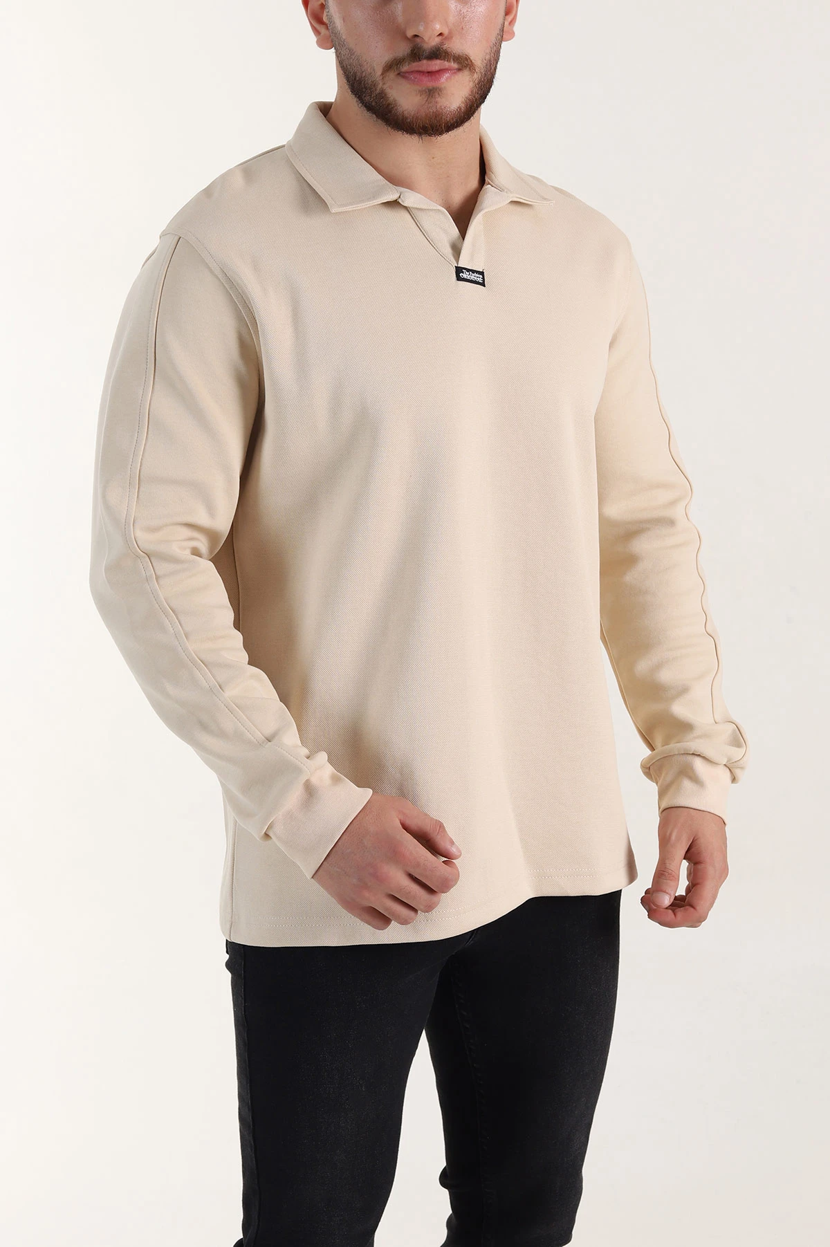 Bej Polo Yaka Uzun Kollu Erkek Sweatshirt 397136