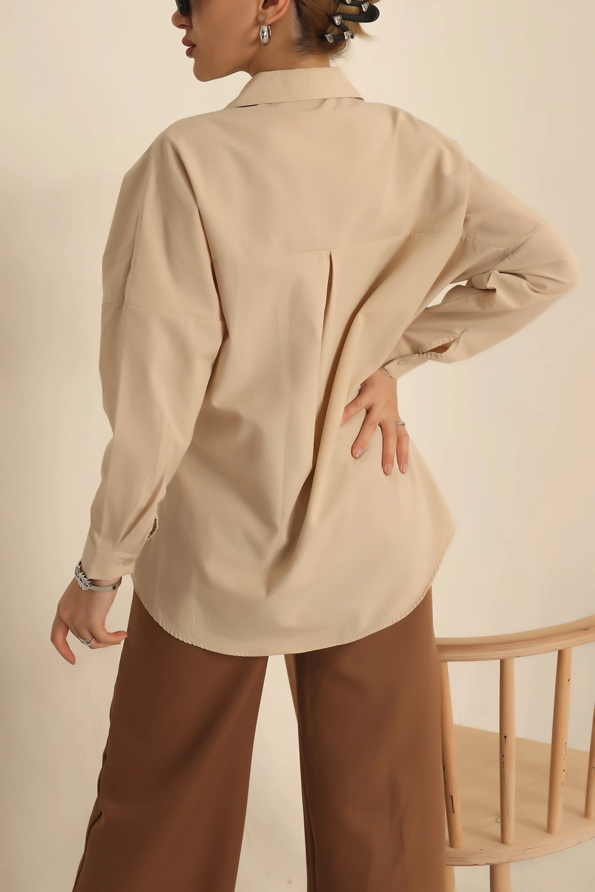 Bej Poplin Dokuma Bayan Gömlek 234846