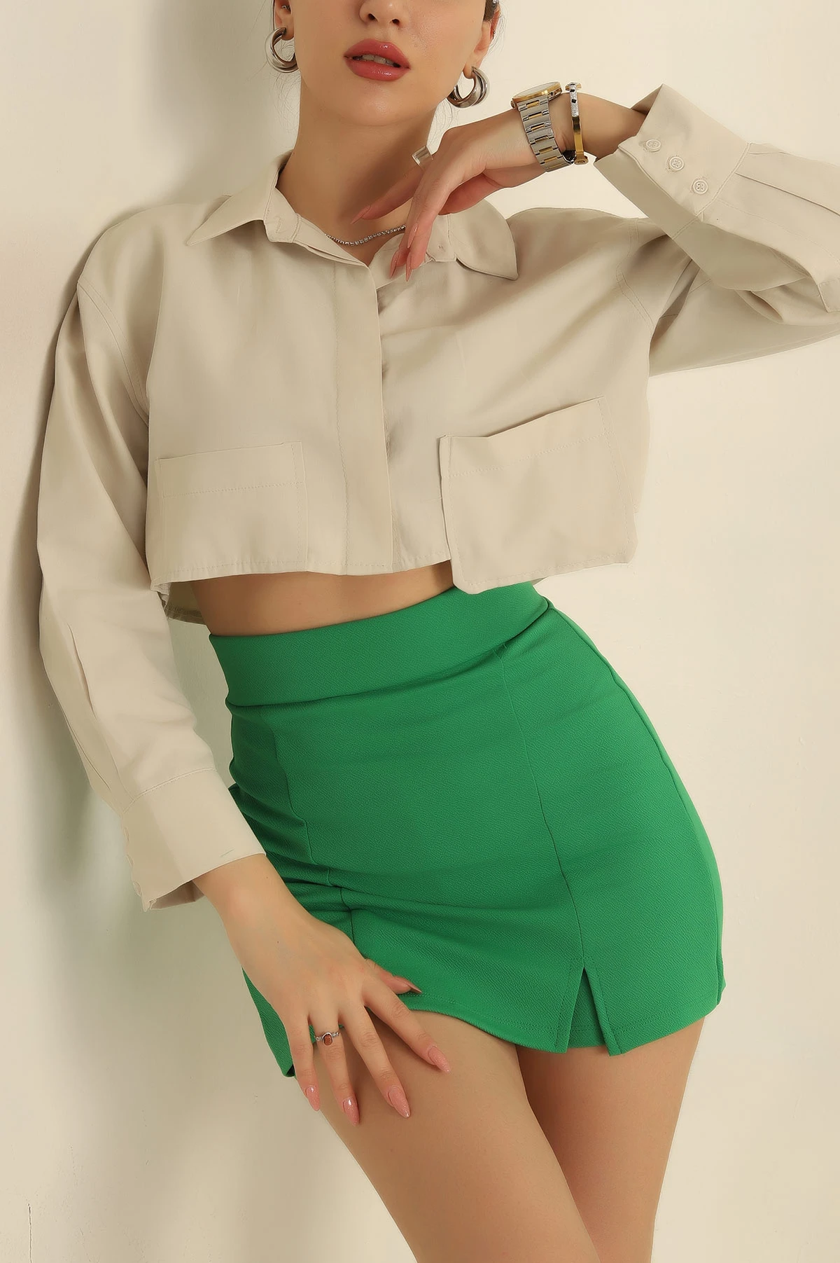Bej Poplin Kumaş Cepli Crop Gömlek 255667