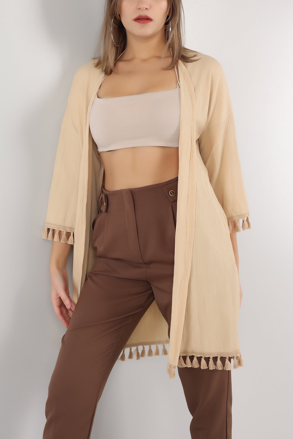 Bej Püskül Tasarım Krinkıl Kimono Hırka 150531