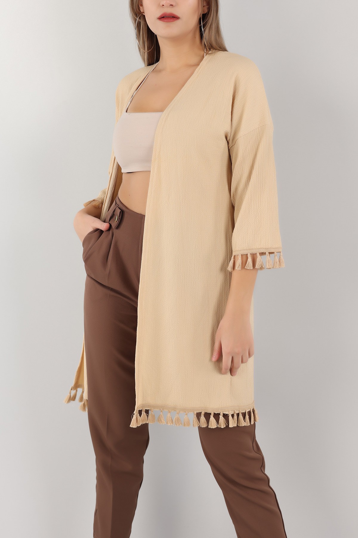 Bej Püskül Tasarım Krinkıl Kimono Hırka 150531