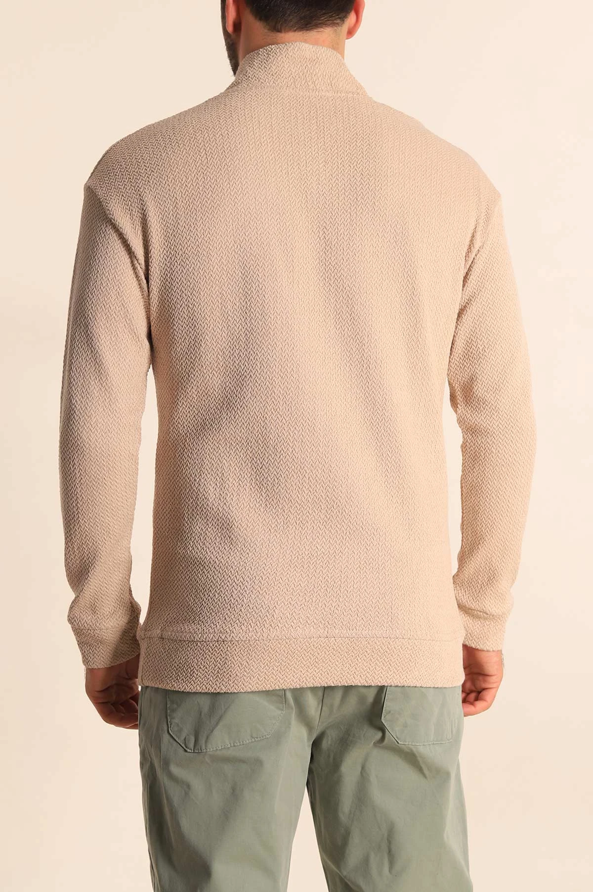 Bej Rahat Kalıp Örgü Dokulu Yarım Fermuar Sweatshirt 228823