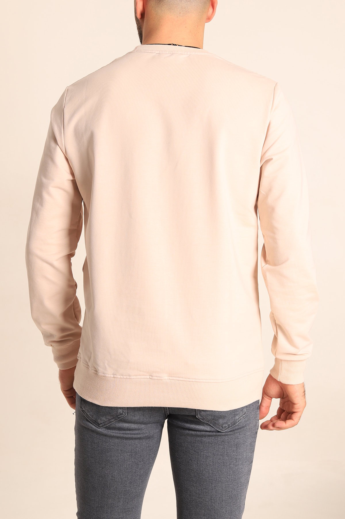 Bej Regular Fit Basic Bisiklet Yaka Erkek Sweatshirt 217616