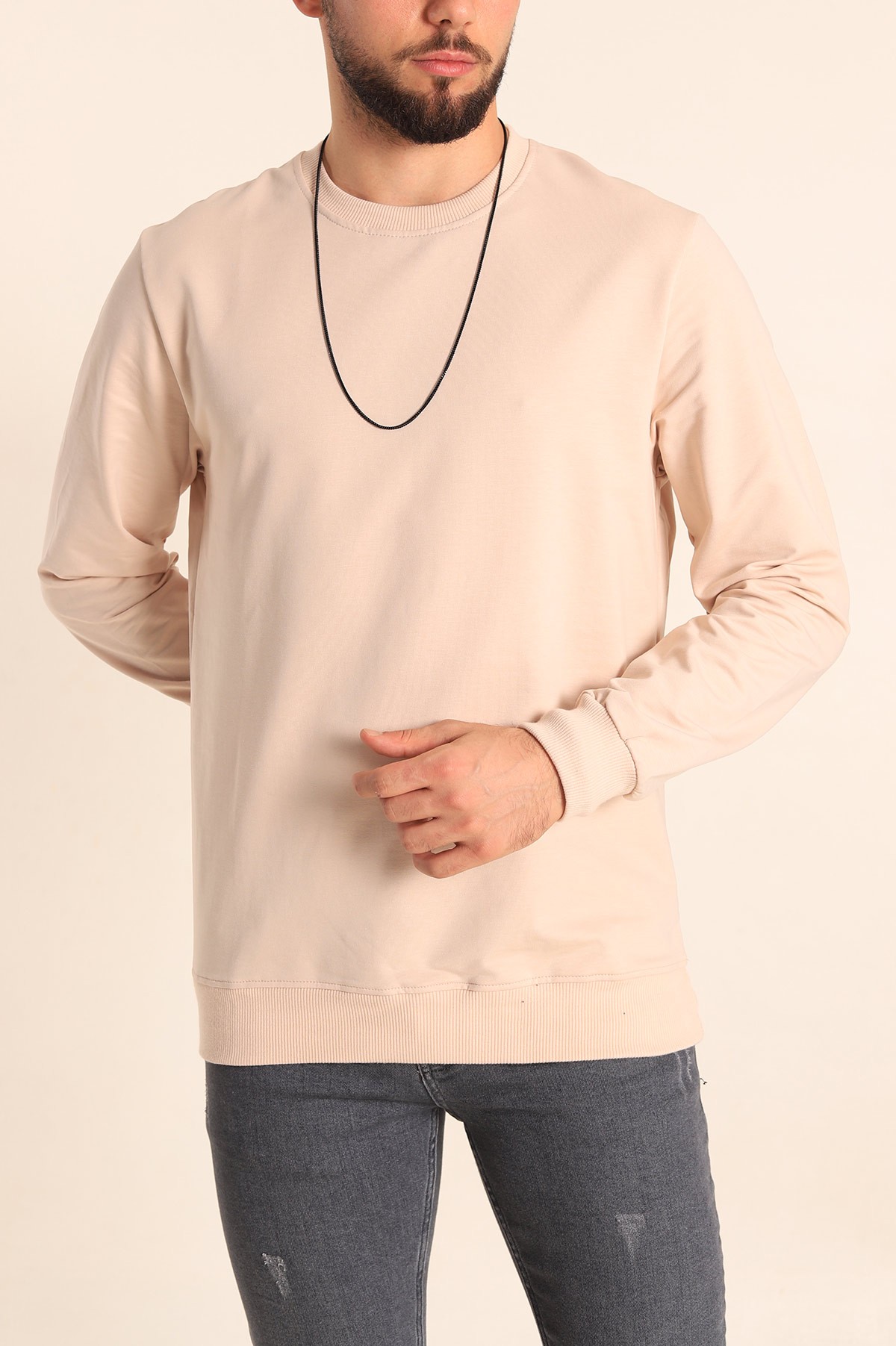 Bej Regular Fit Basic Bisiklet Yaka Erkek Sweatshirt 217616