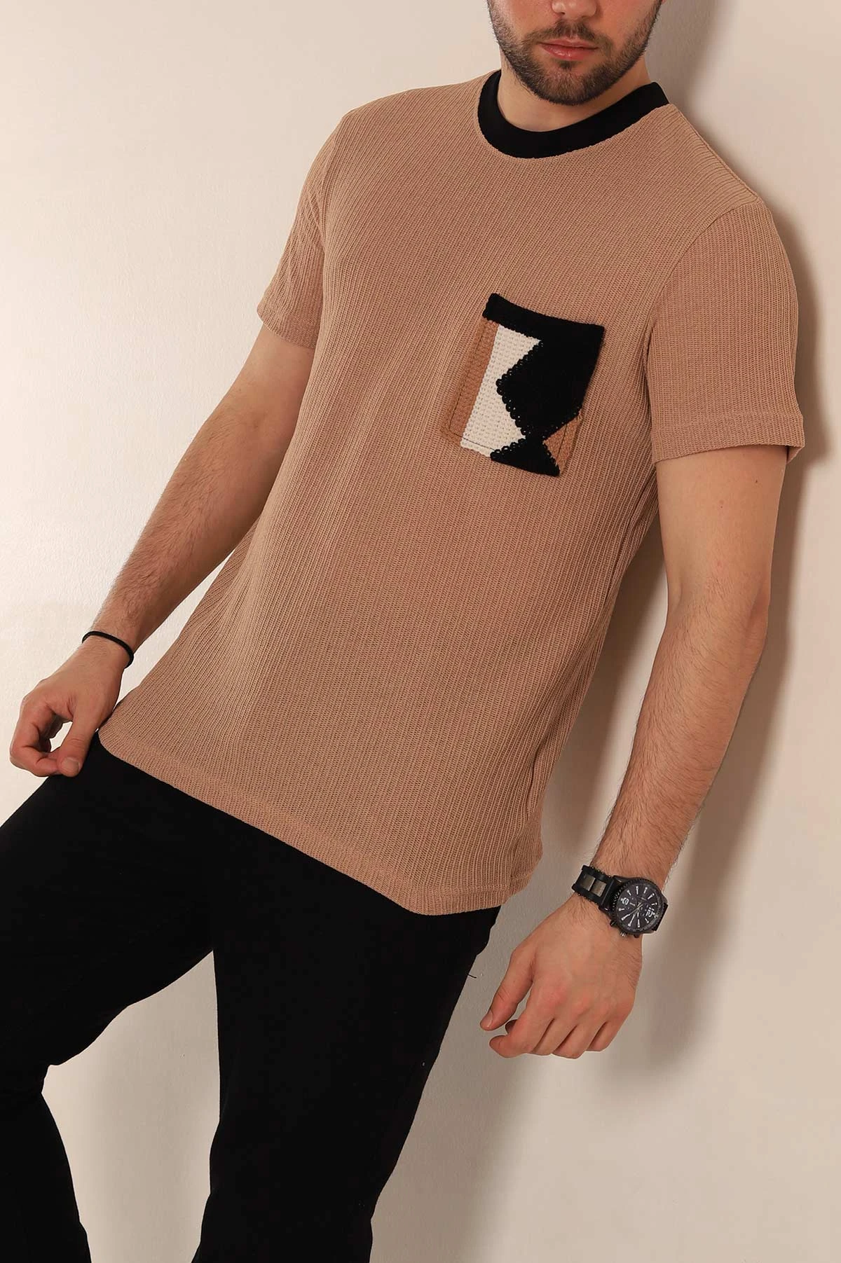 Bej Regular Fit Cep Detaylı Triko Örme Erkek Tişört 268382