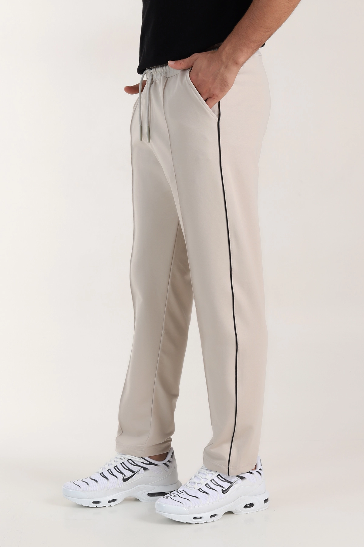 Krem Regular Fit Çimalı Şerit Detaylı Erkek Eşofman Altı 402367