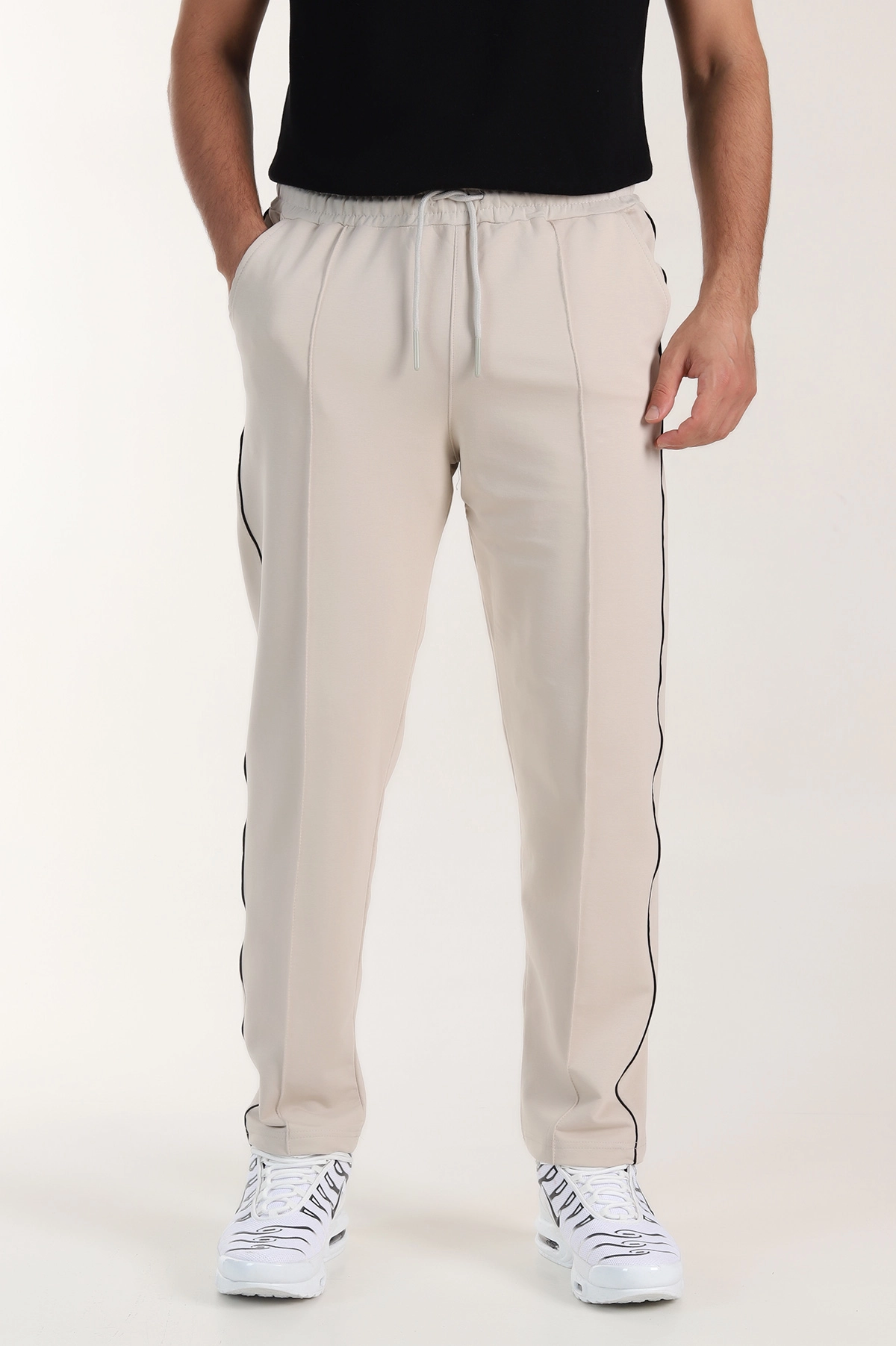 Krem Regular Fit Çimalı Şerit Detaylı Erkek Eşofman Altı 402367