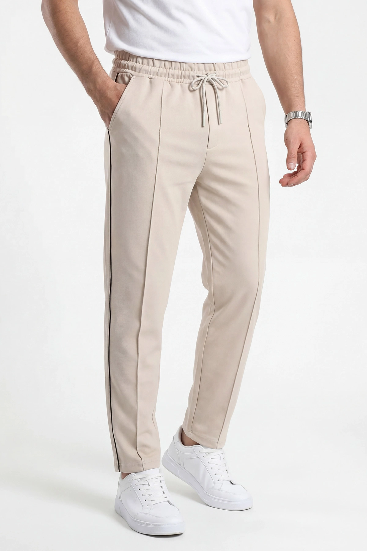 Bej Regular Fit Çimalı Şerit Detaylı Erkek Eşofman Altı 454504