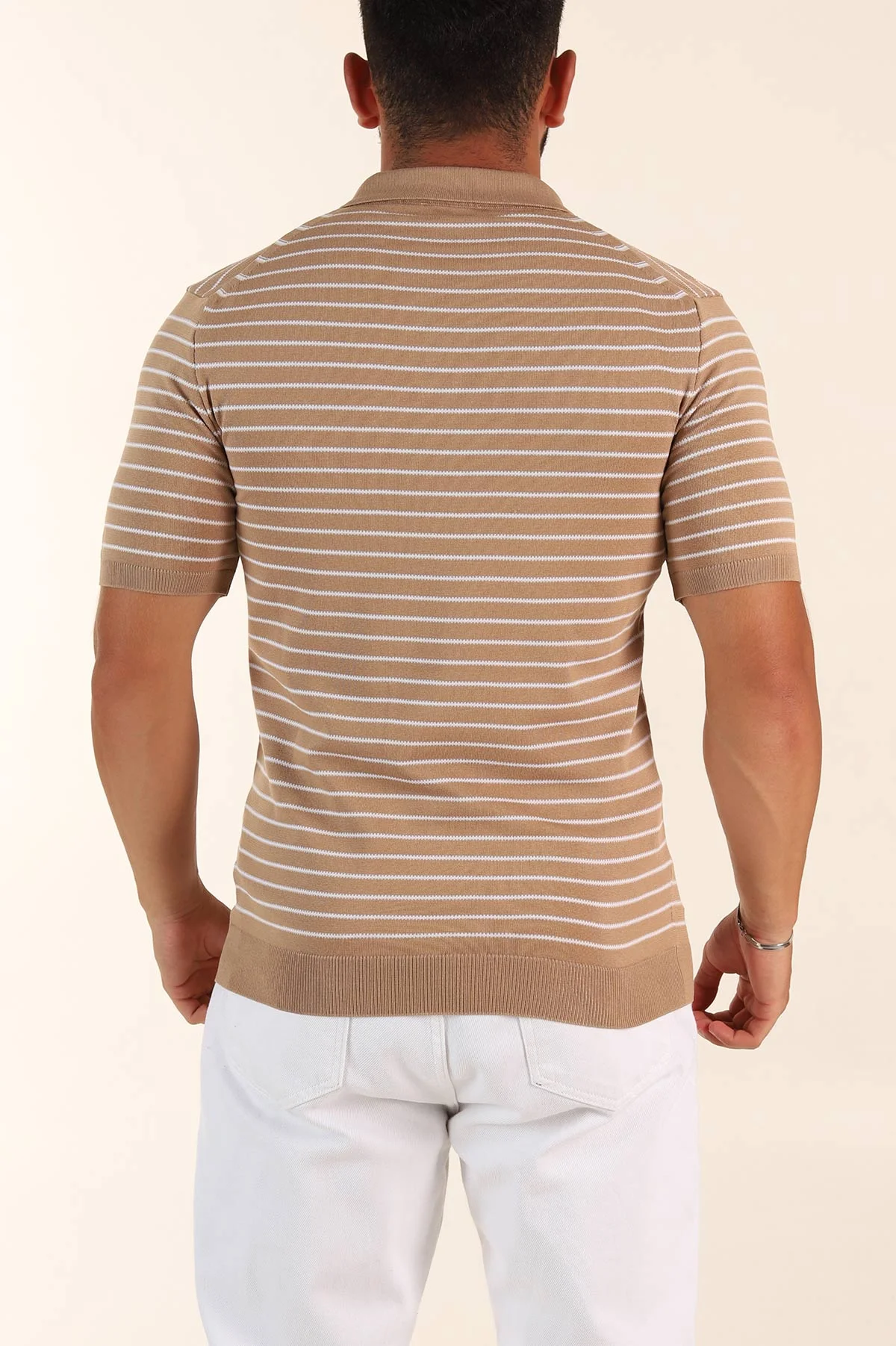 Bej Regular Fit Çizgili Apaş Yaka Triko Tişört 254689