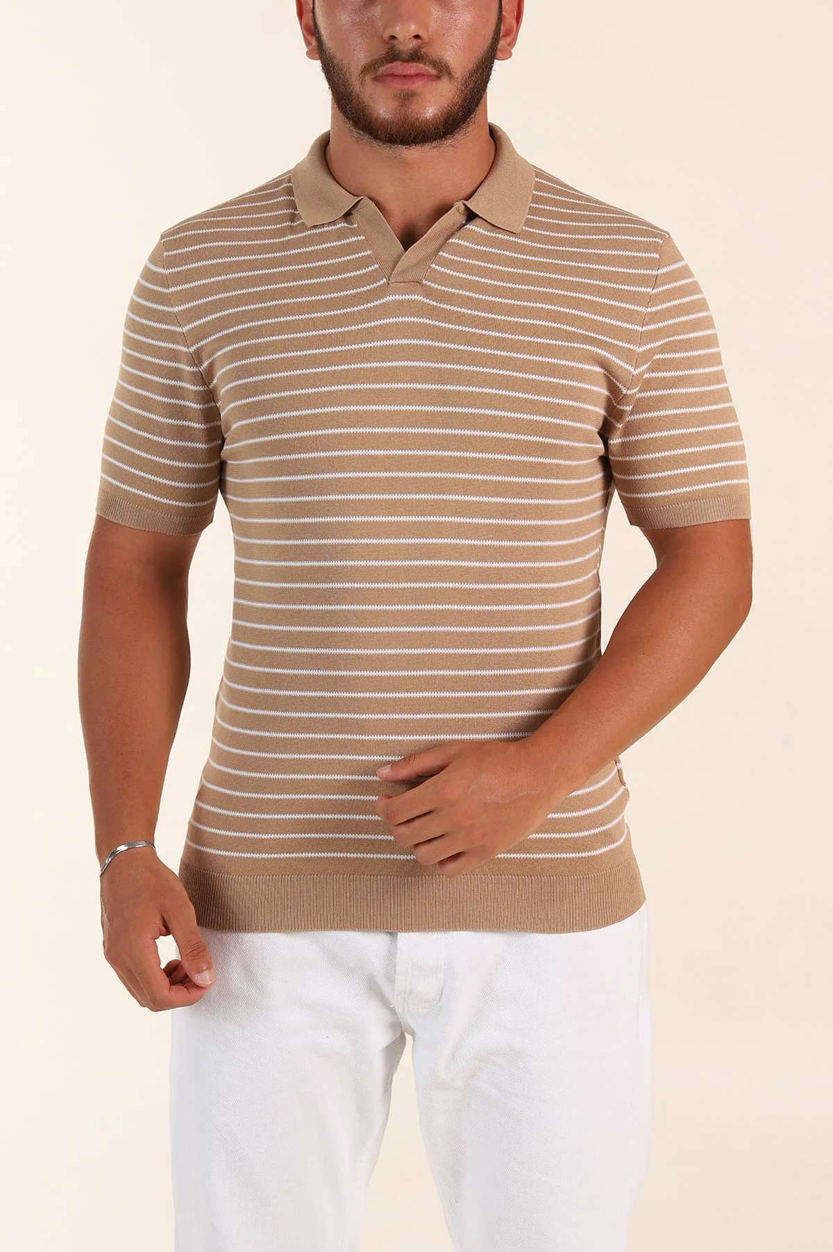 Bej Regular Fit Çizgili Apaş Yaka Triko Tişört 254689