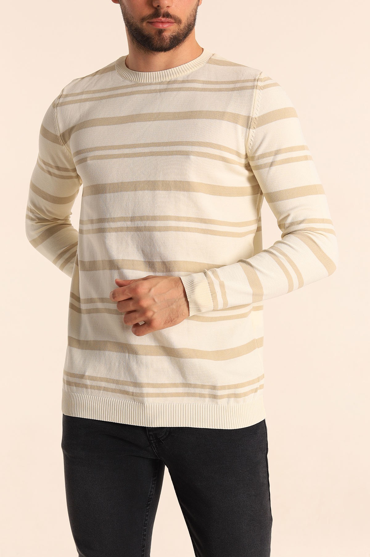 Bej Regular Fit Çizgili Triko Kazak 222005