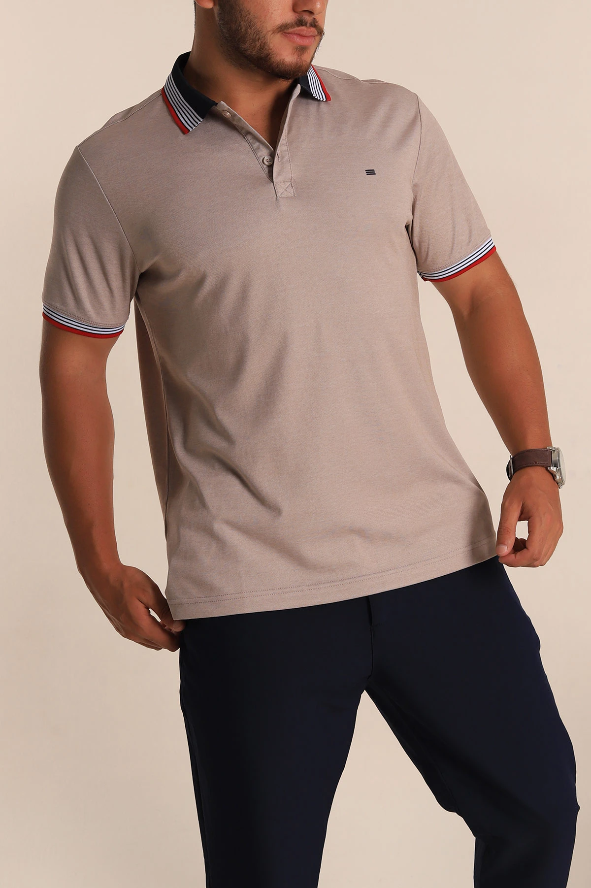 Bej Regular Fit Desenli Polo Yakalı Erkek Tişört 263261