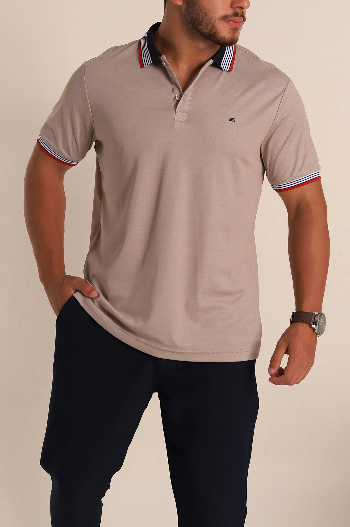 Bej Regular Fit Desenli Polo Yakalı Erkek Tişört 263261