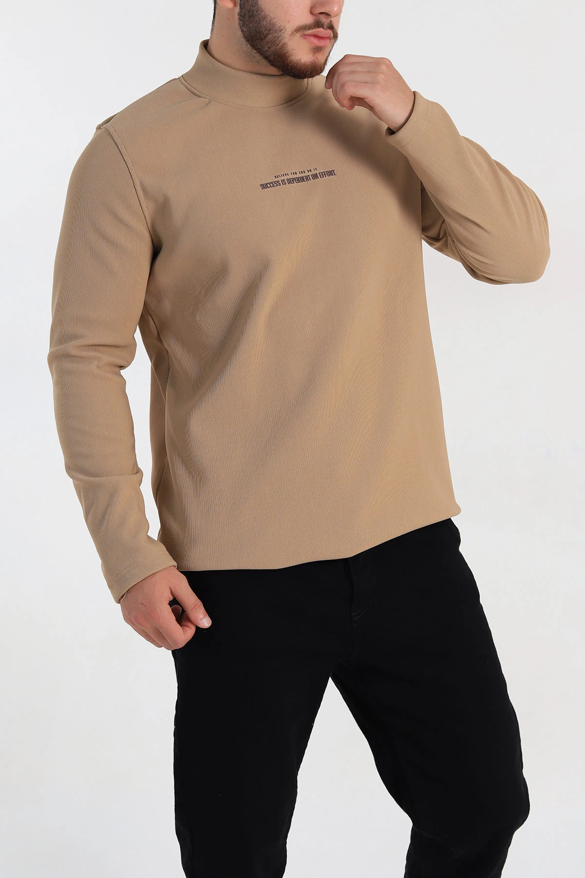 Bej Regular Fit Dik Yaka Kabartma Yazılı Erkek Sweatshirt 305765