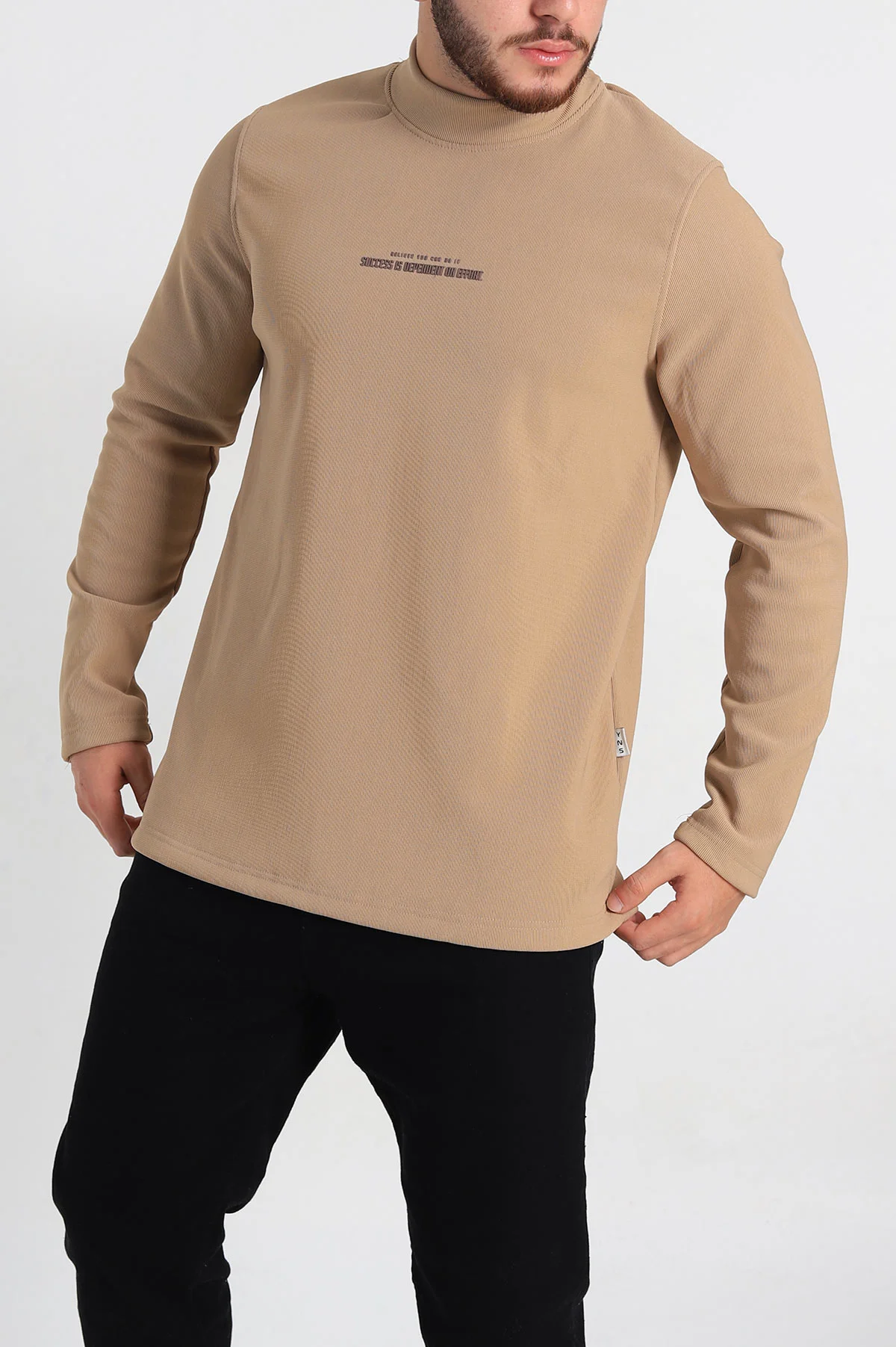 Bej Regular Fit Dik Yaka Kabartma Yazılı Erkek Sweatshirt 305765