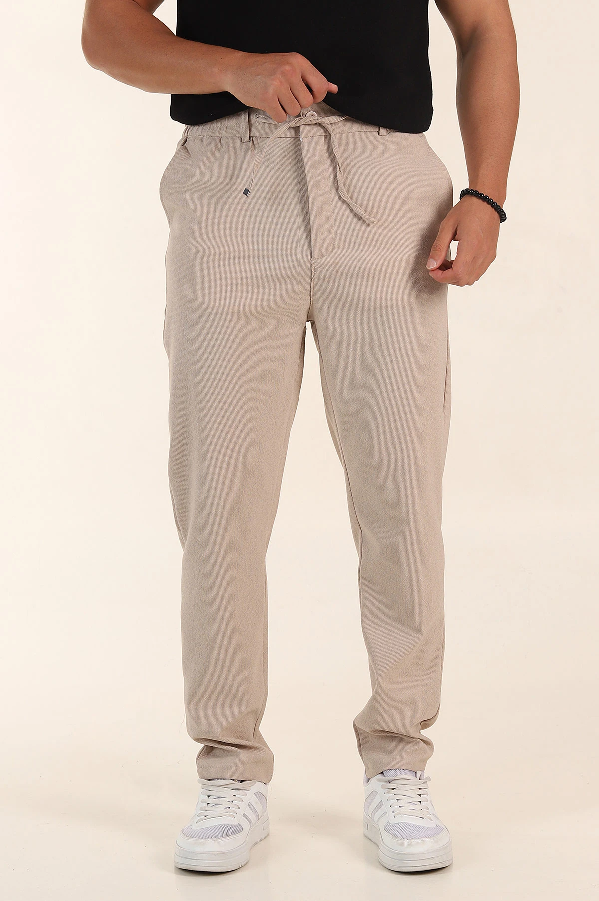 Bej Regular Fit Dokulu Bel Lastikli Erkek Pantolon 382283