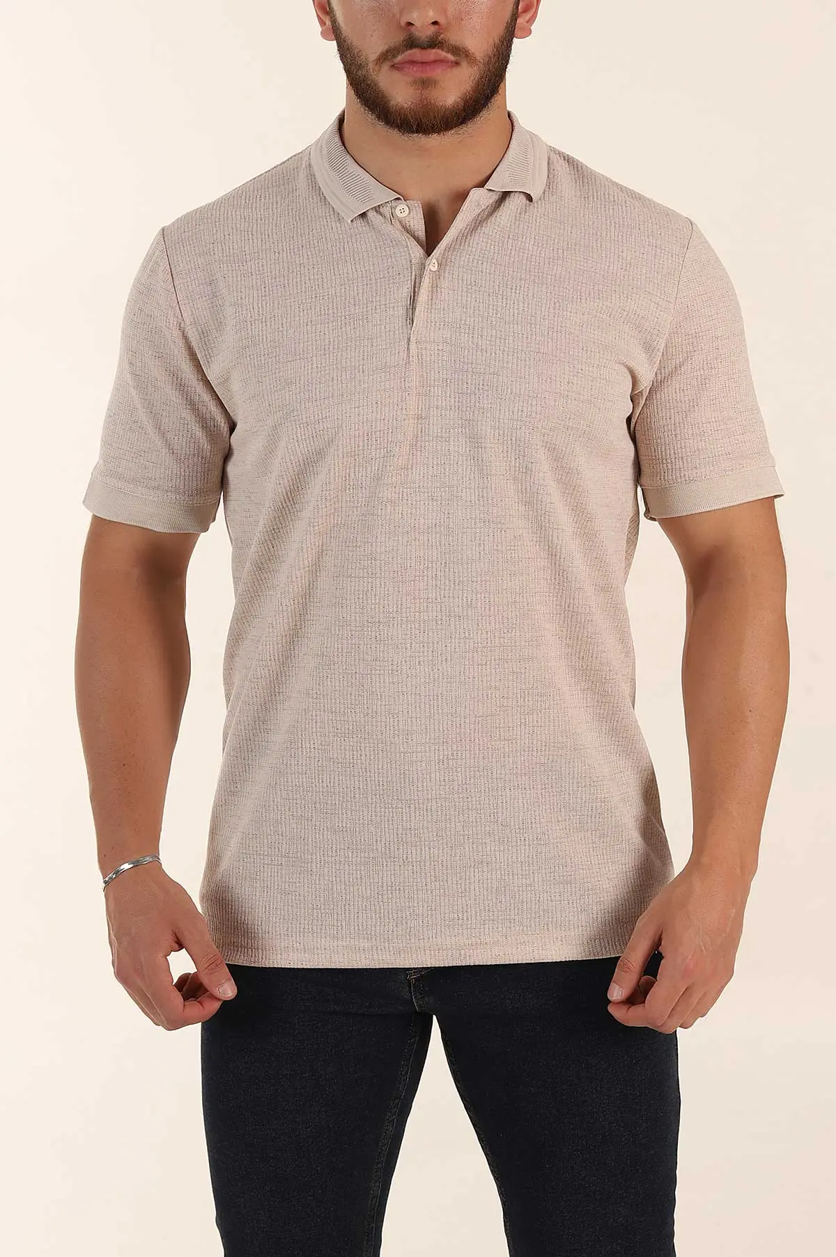 Bej Regular Fit Dokulu Düğmeli Polo Yaka Erkek Triko Tişört 370069