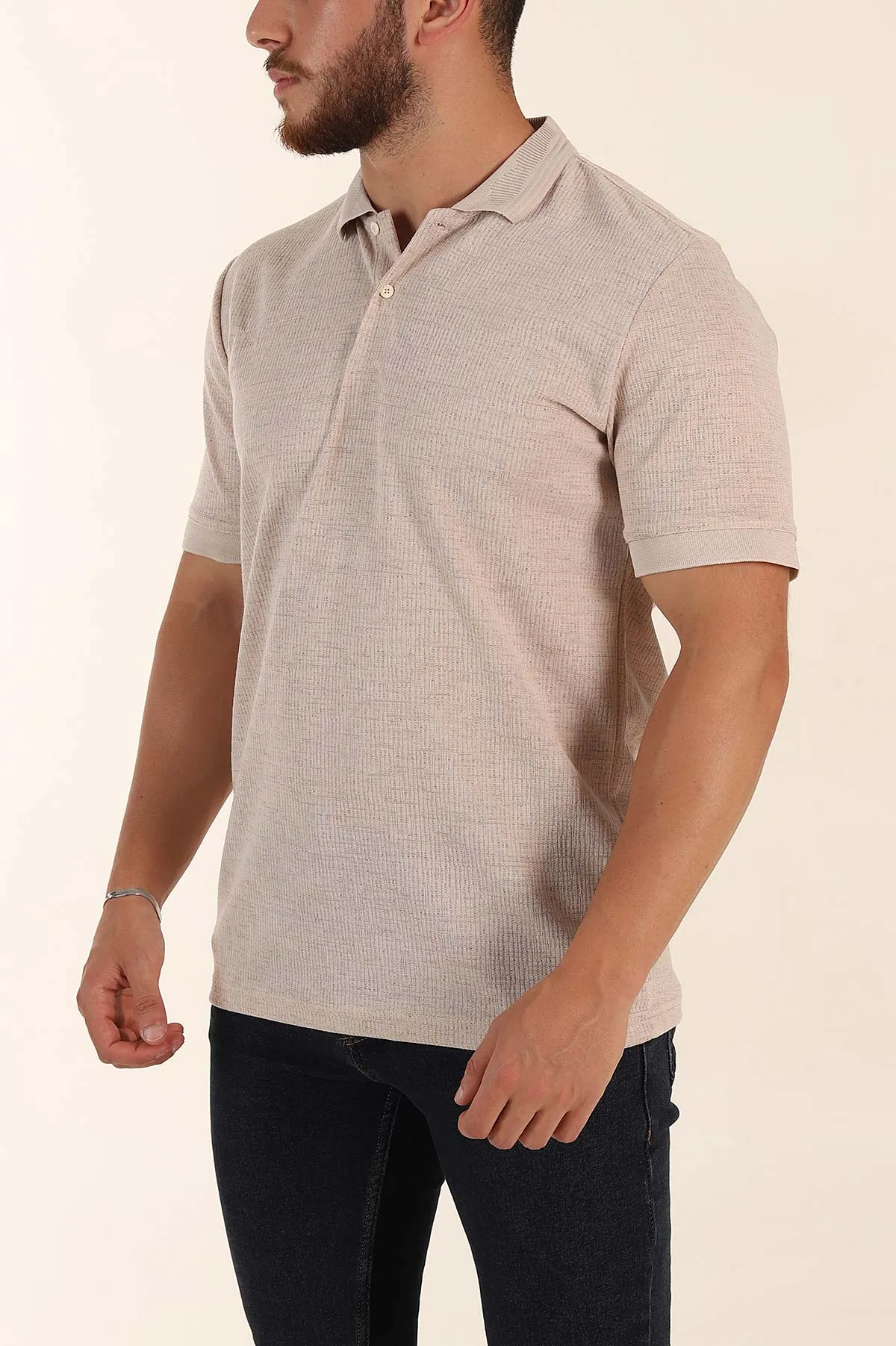 Bej Regular Fit Dokulu Düğmeli Polo Yaka Erkek Triko Tişört 370069