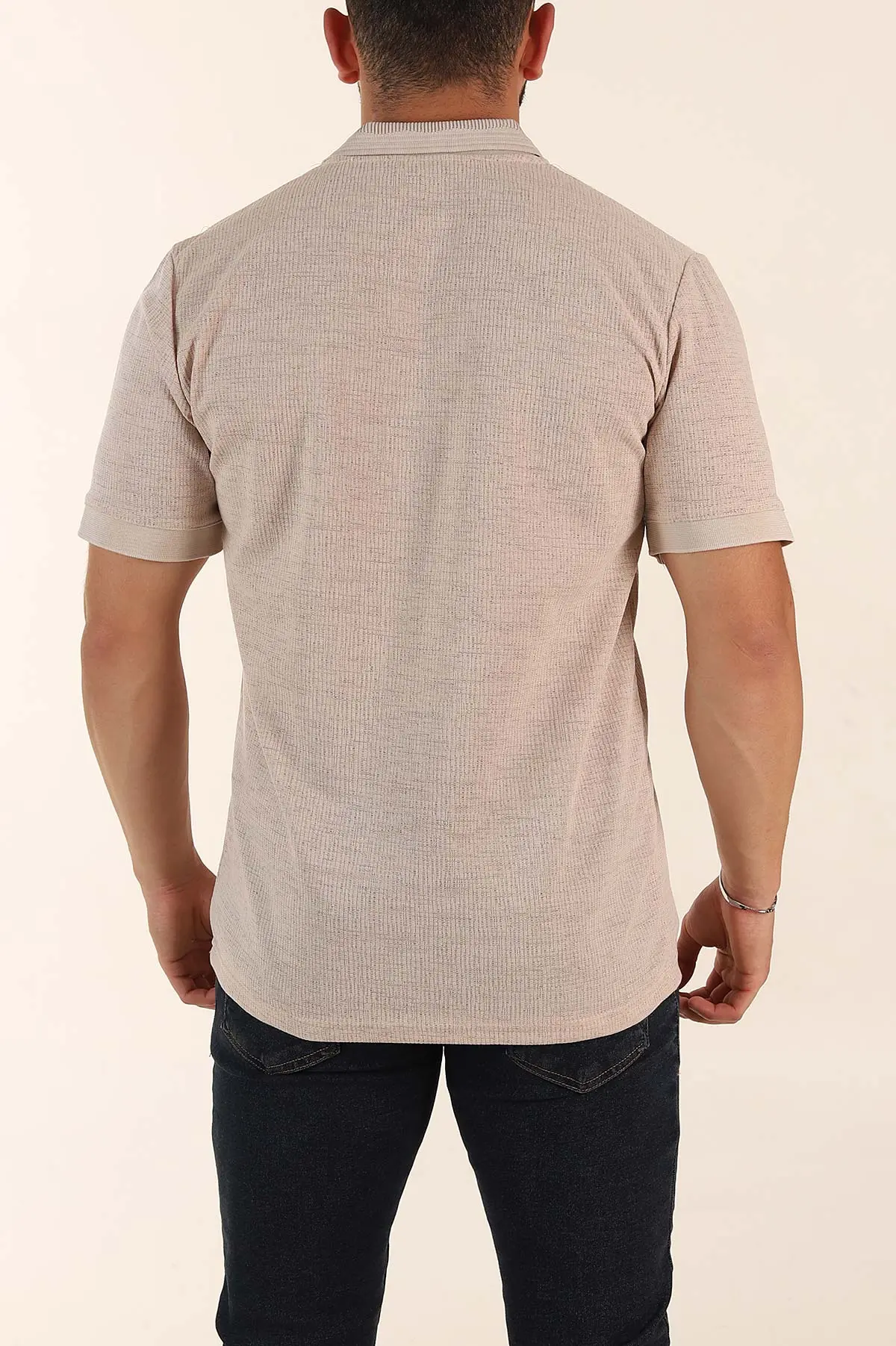 Bej Regular Fit Dokulu Düğmeli Polo Yaka Erkek Triko Tişört 370069