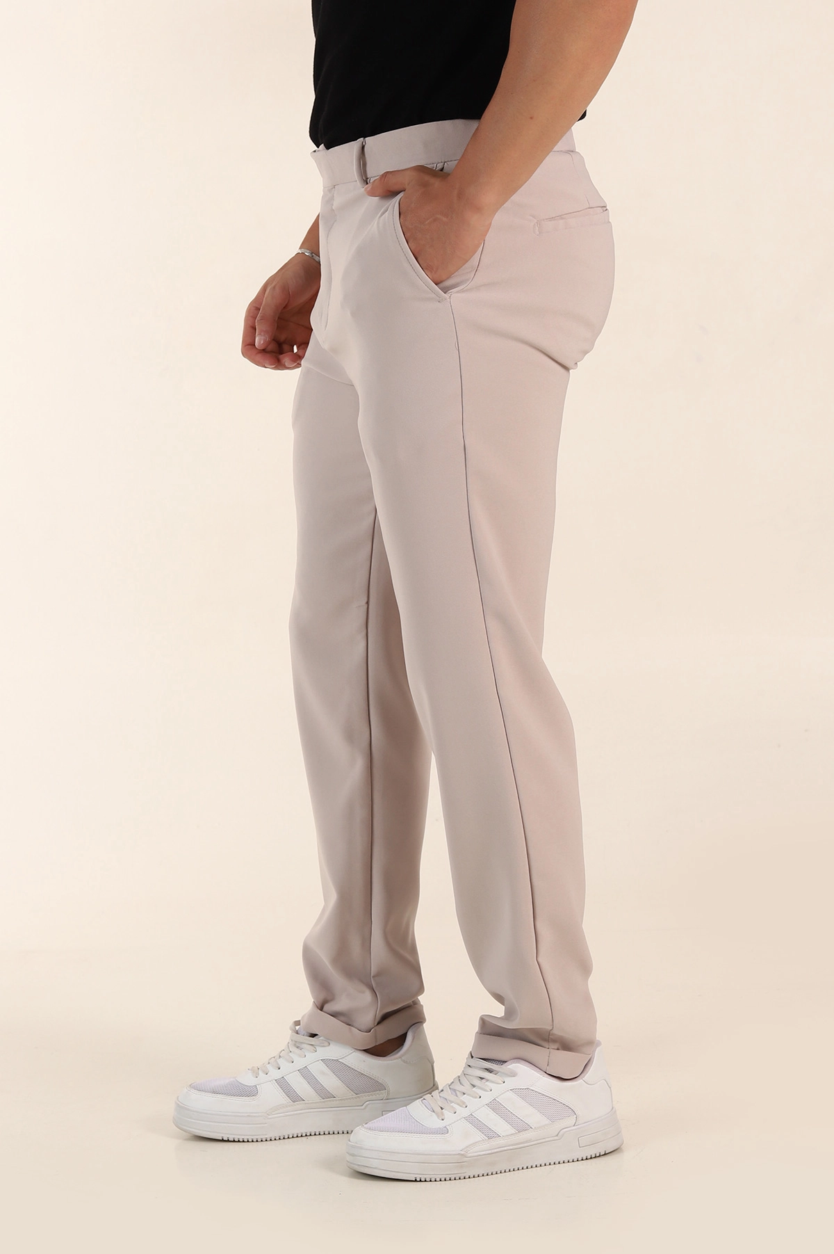 Bej Regular Fit Duble Kumaş Duble Paça Bel Arkası Lastikli Erkek Pantolon 368371