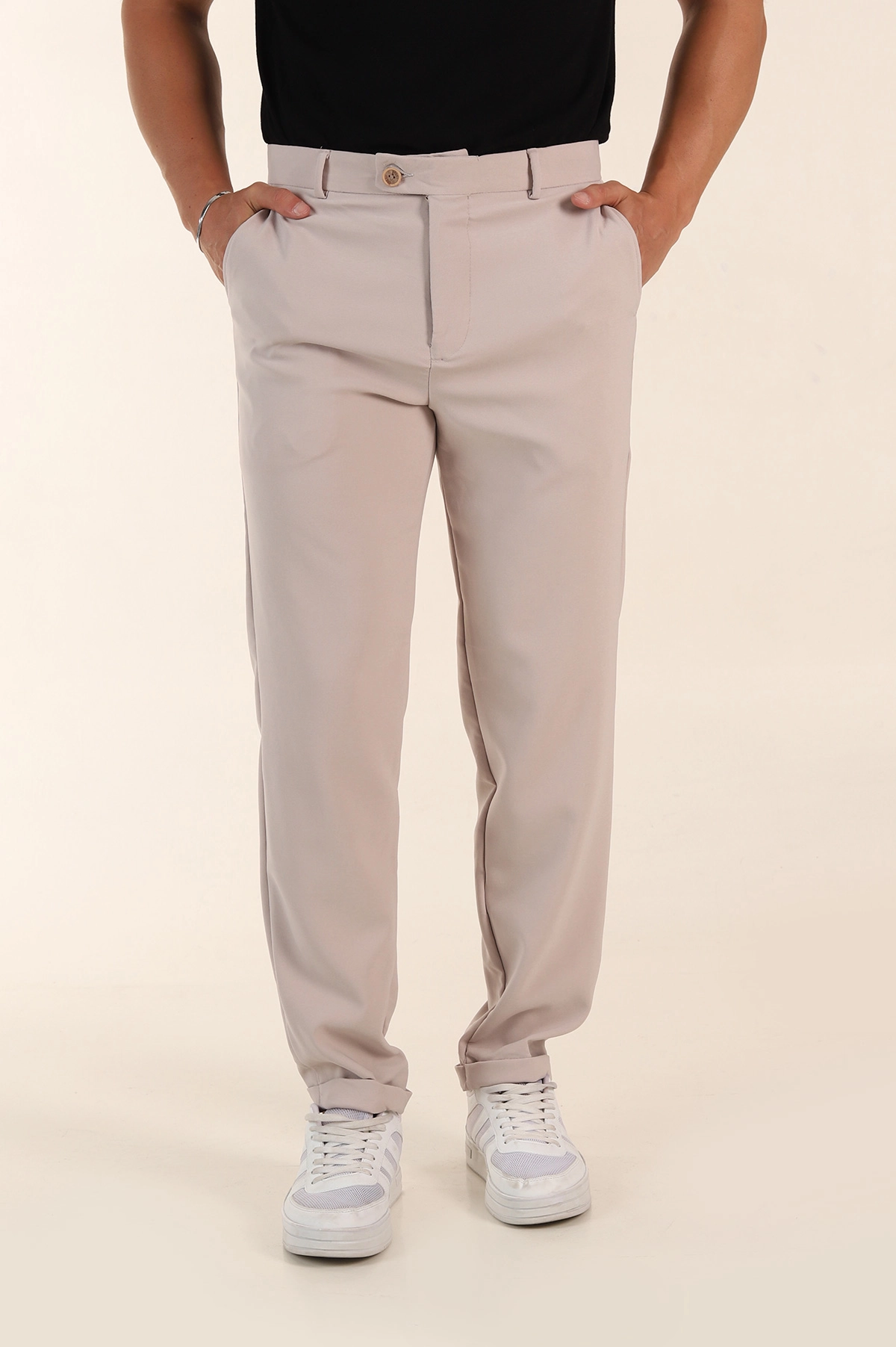 Bej Regular Fit Duble Kumaş Duble Paça Bel Arkası Lastikli Erkek Pantolon 368371