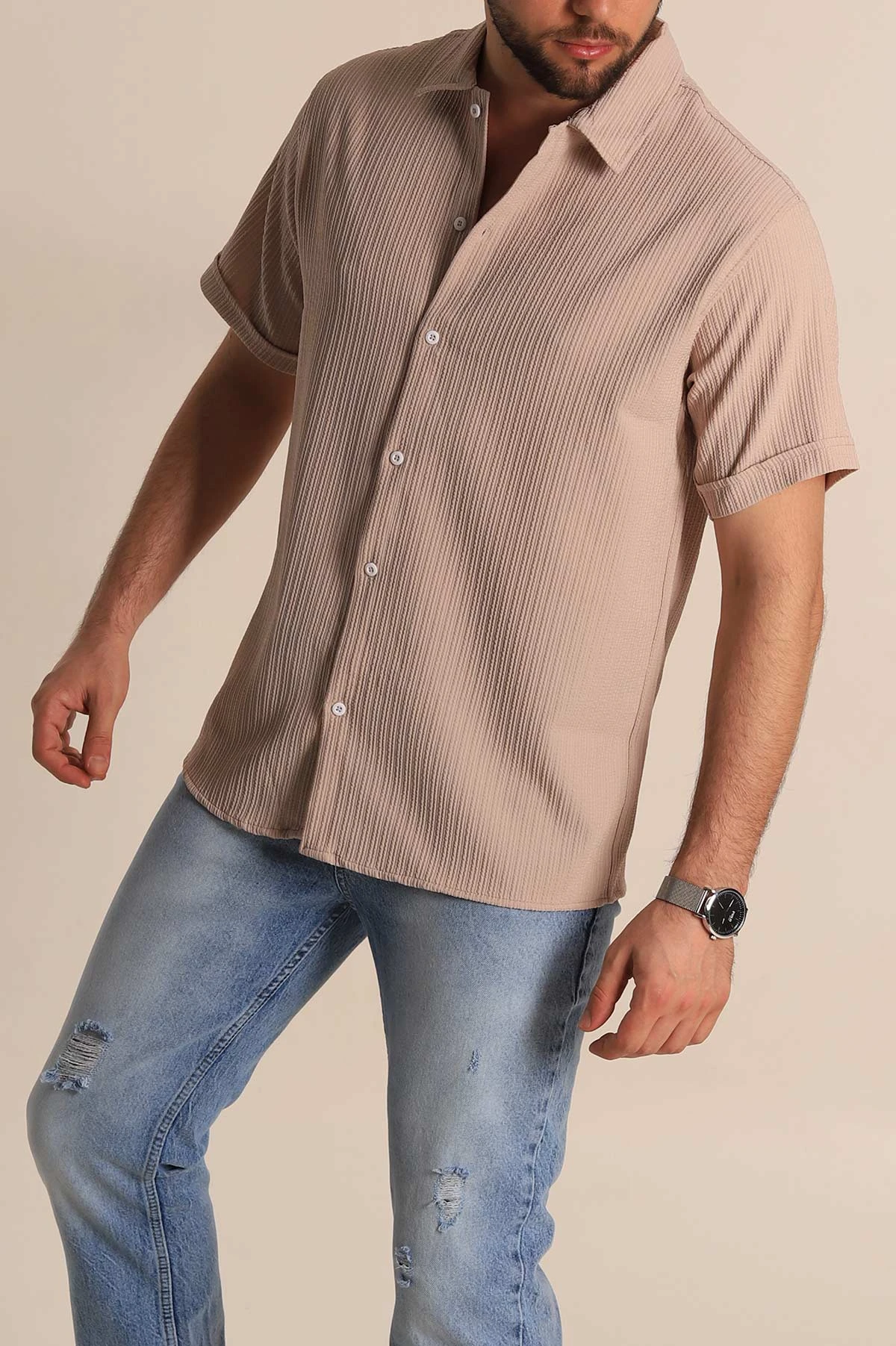 Bej Regular Fit Fitilli Doku Kısa Kollu Erkek Gömlek 275492