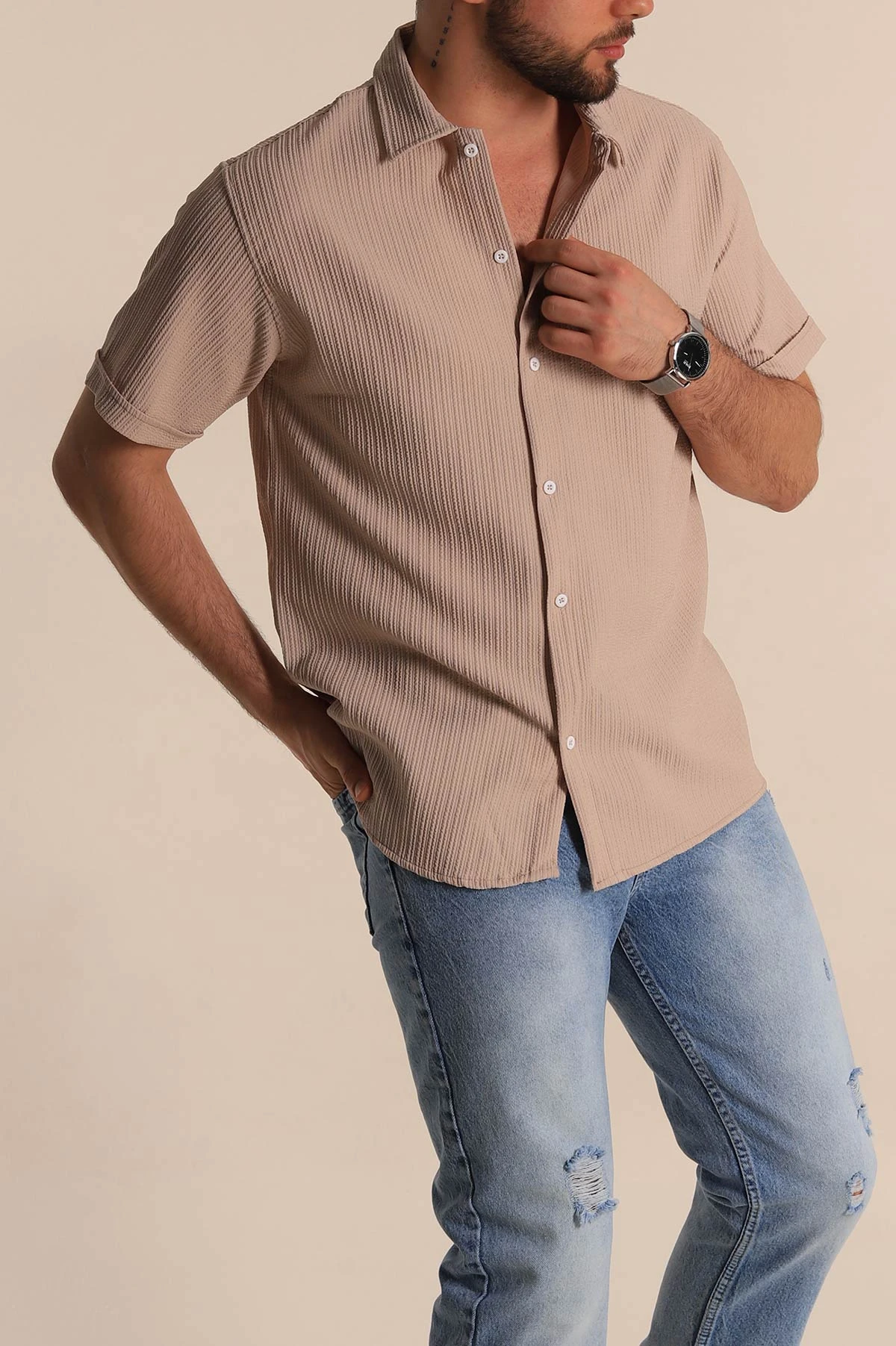Bej Regular Fit Fitilli Doku Kısa Kollu Erkek Gömlek 275492