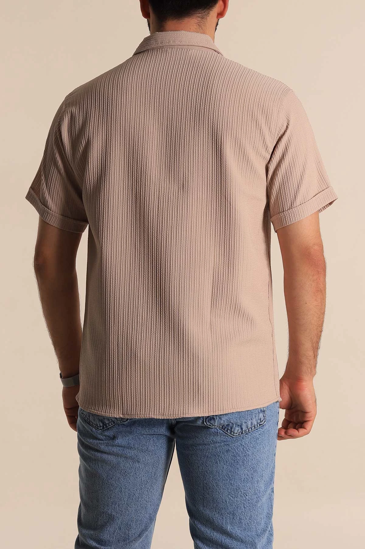 Bej Regular Fit Fitilli Doku Kısa Kollu Erkek Gömlek 275492