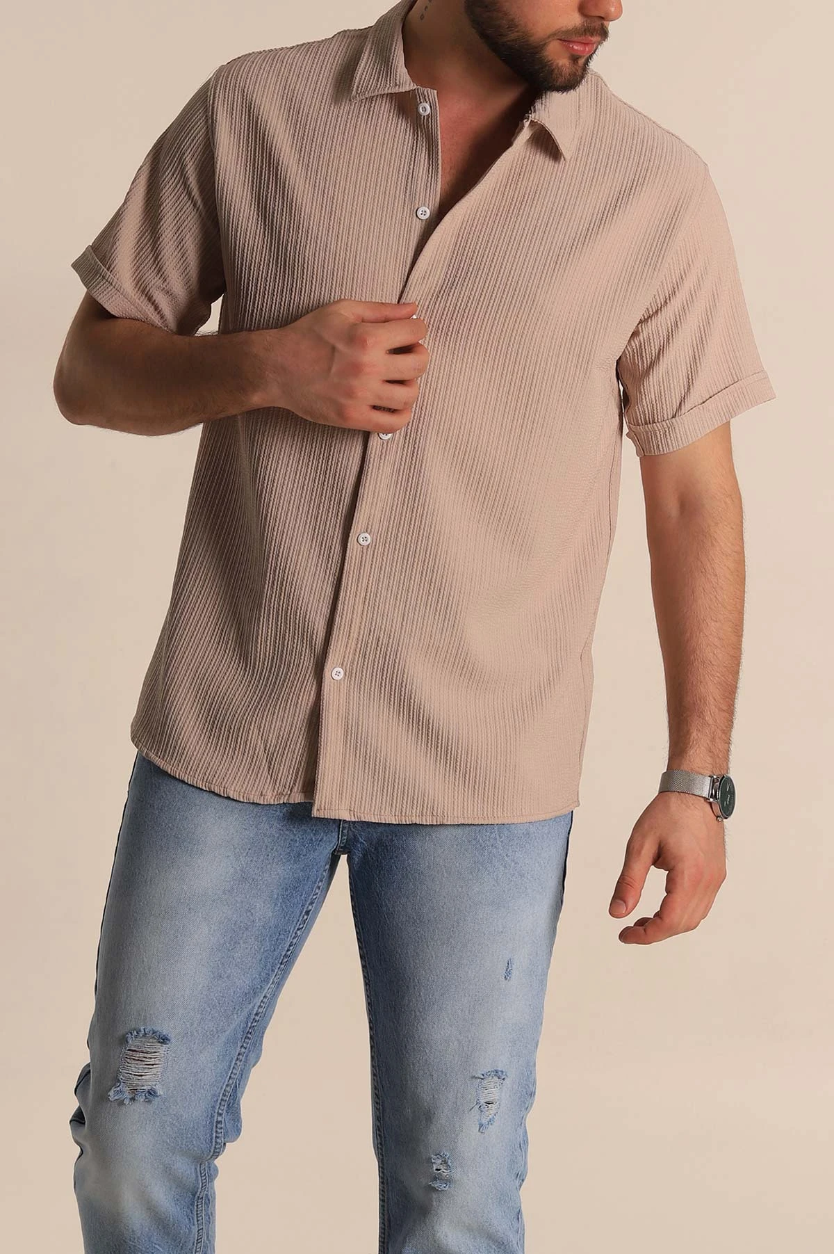Bej Regular Fit Fitilli Doku Kısa Kollu Erkek Gömlek 275492