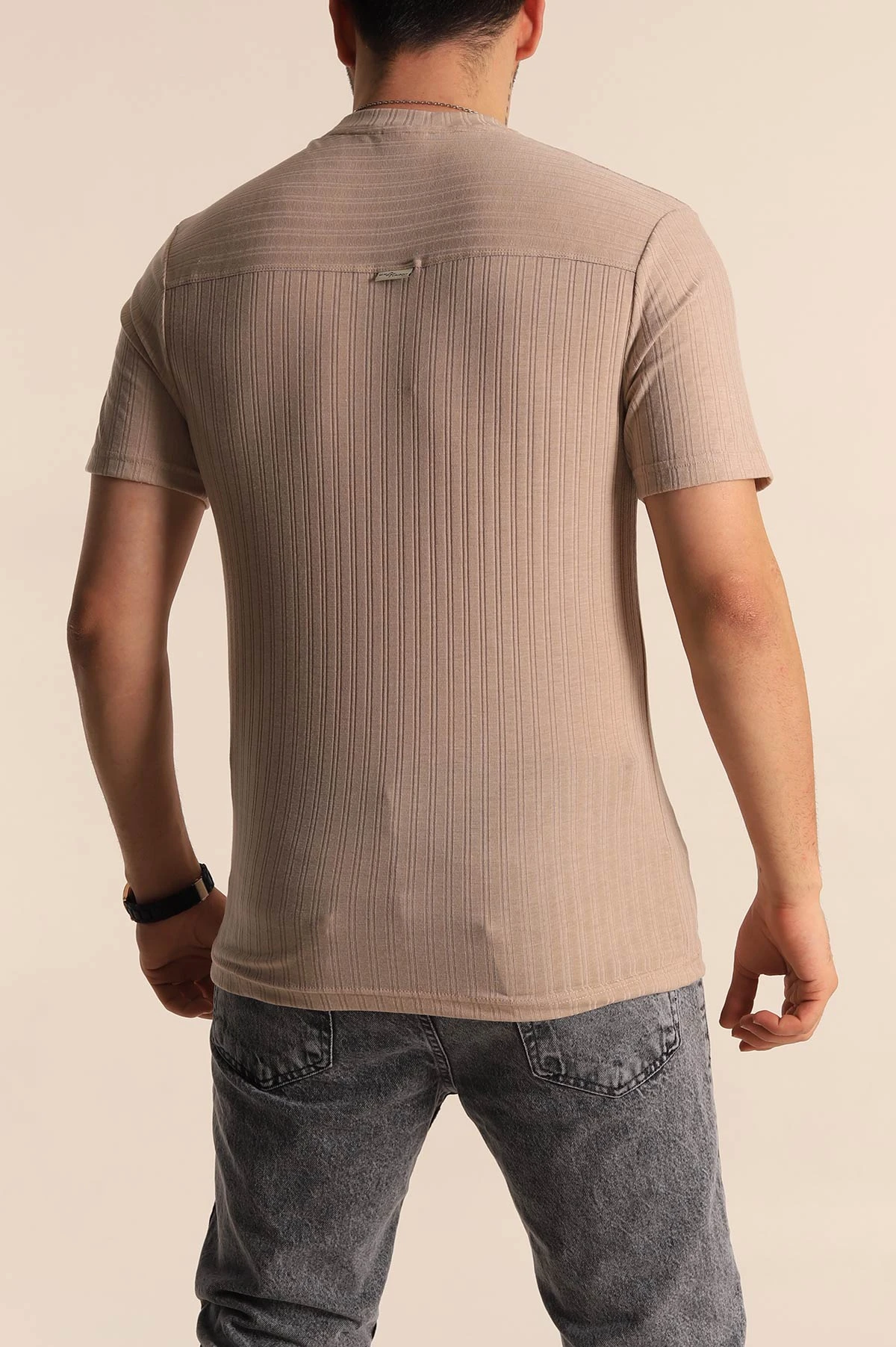 Bej Regular Fit Jakarlı Çizgi Dokulu Erkek Tişört 260478