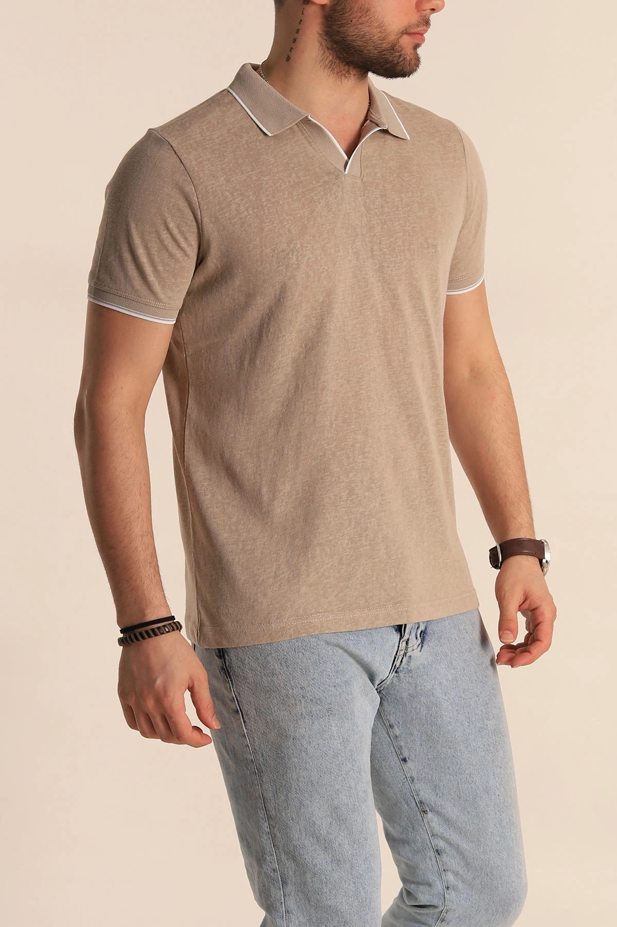 Bej Regular Fit Jakarlı Polo Yaka Triko Tişört 263233