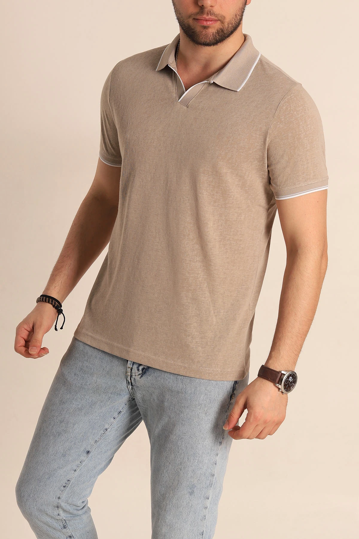 Bej Regular Fit Jakarlı Polo Yaka Triko Tişört 263233