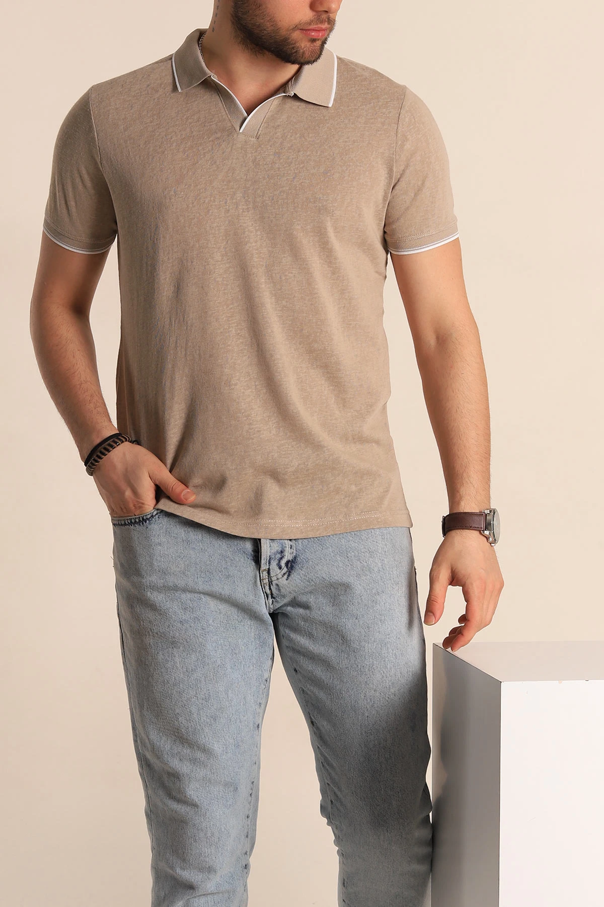 Bej Regular Fit Jakarlı Polo Yaka Triko Tişört 263233