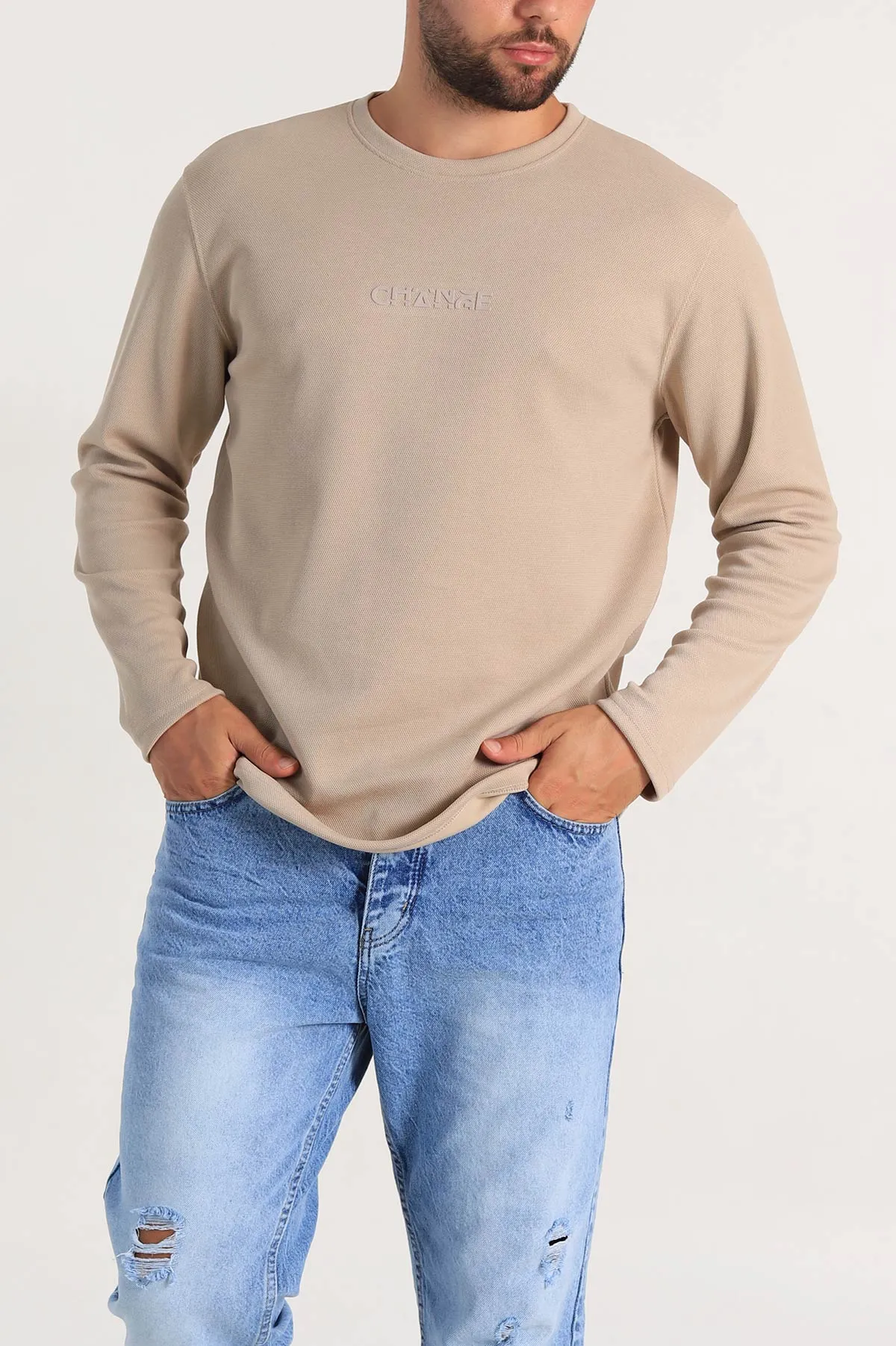 Bej Regular Fit Kabartma Baskılı Erkek Sweatshirt 303420