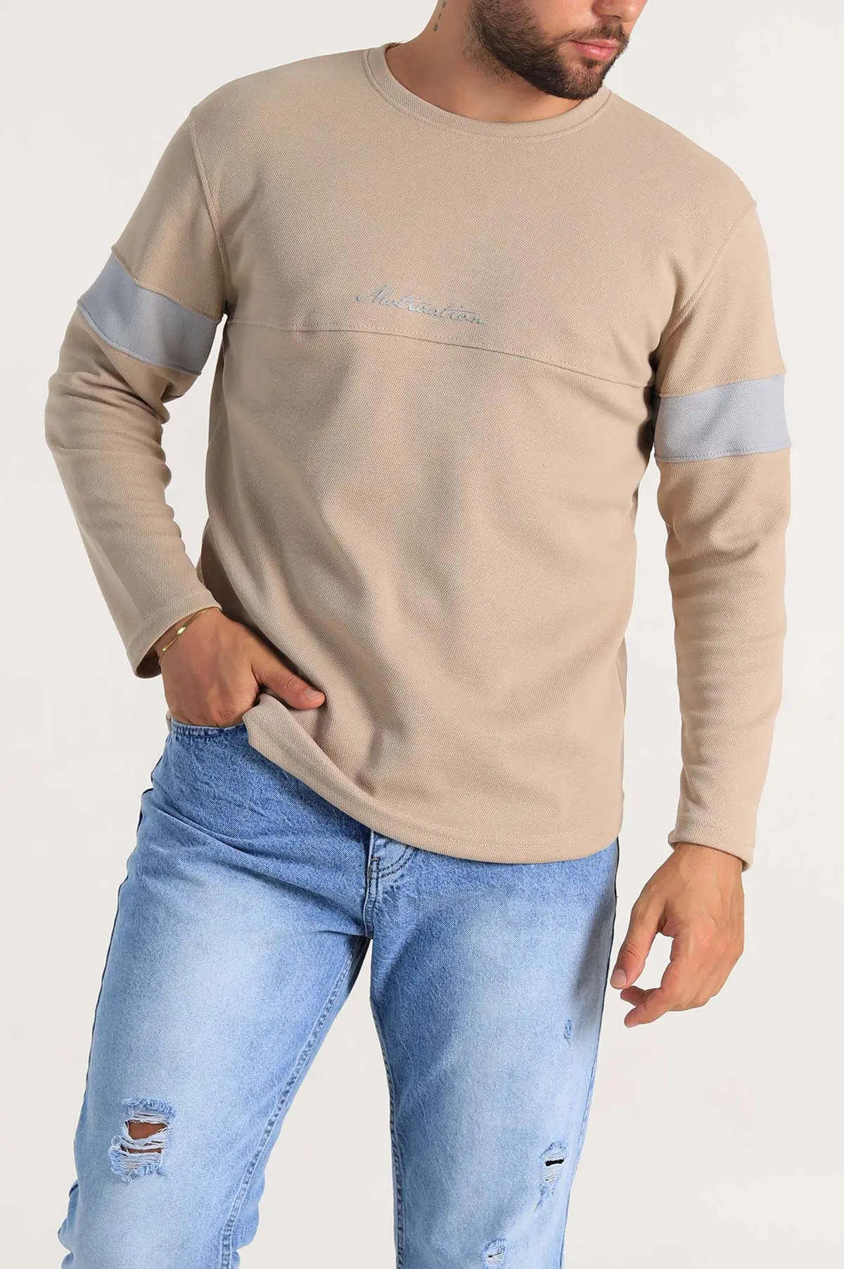 Bej Regular Fit Kabartma Baskılı Erkek Sweatshirt 303425
