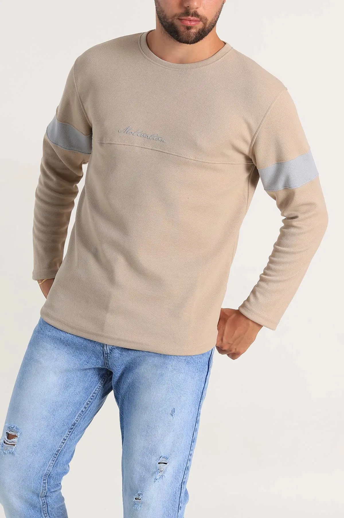 Bej Regular Fit Kabartma Baskılı Erkek Sweatshirt 303425