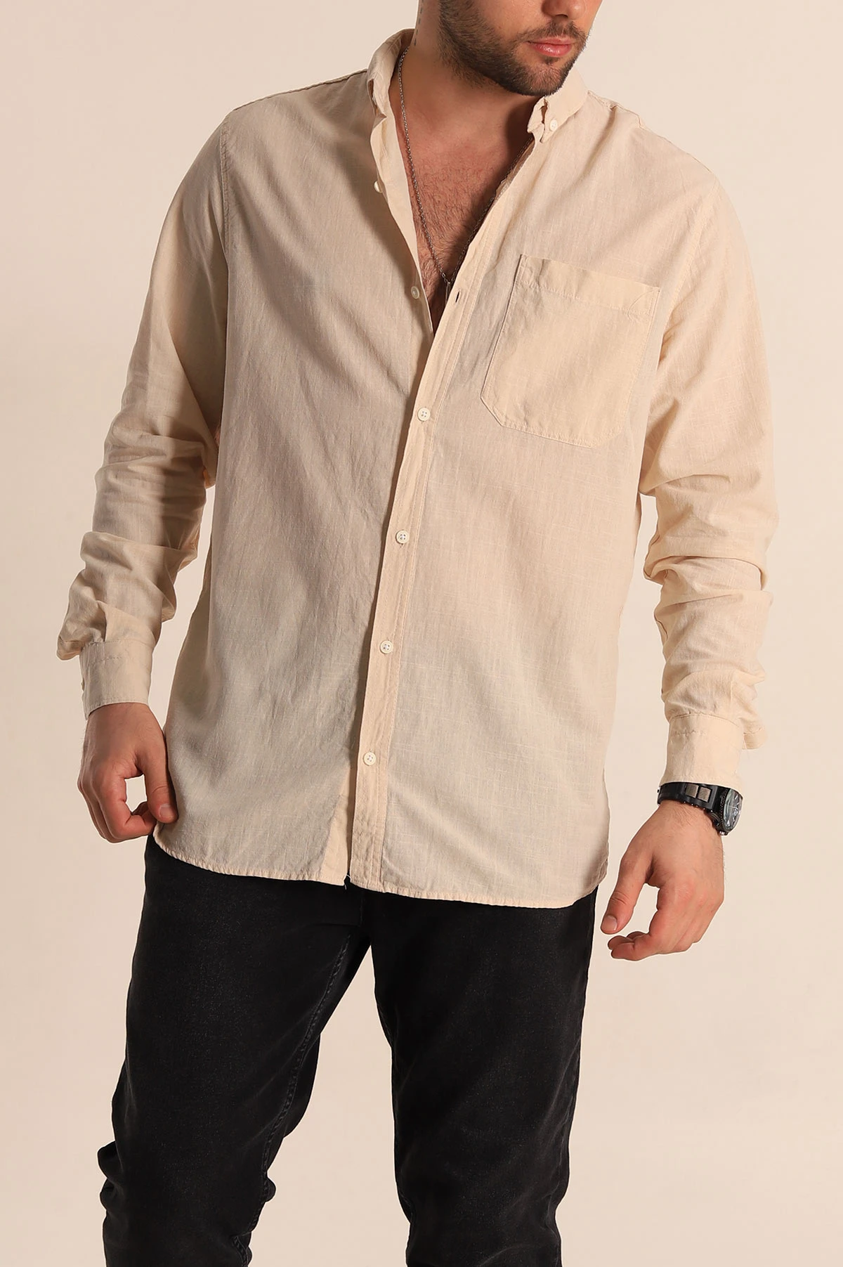 Bej Regular Fit Keten Tek Cep Detaylı Uzun Kollu Erkek Gömlek 267482